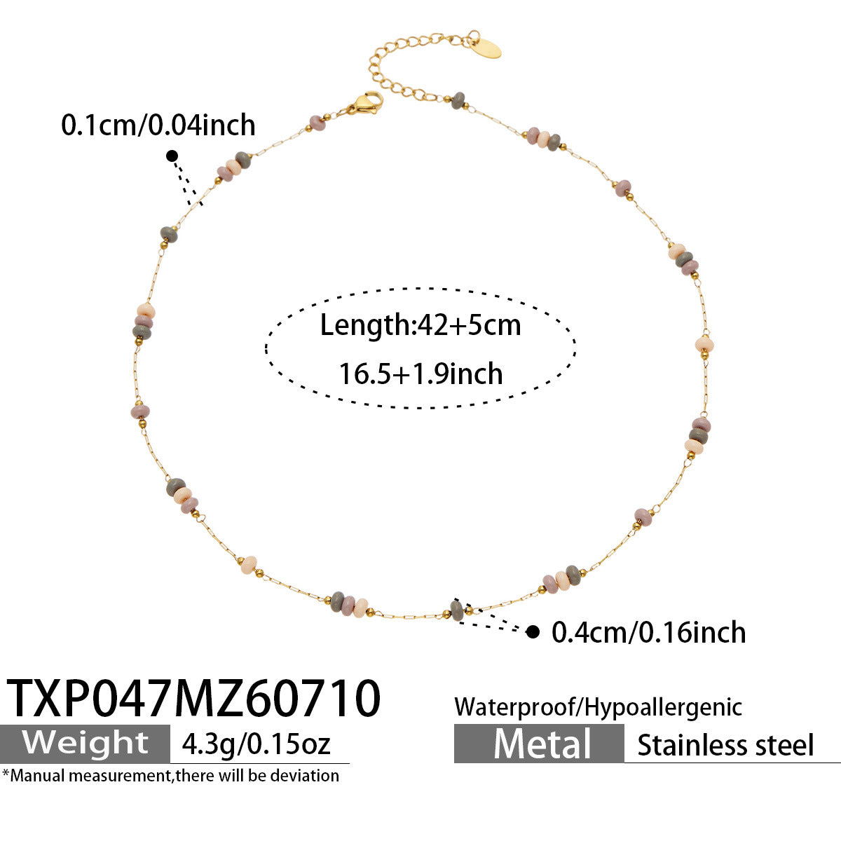 TXP047B natural stone bead necklace size guide with 42 plus 5 cm adjustable chain