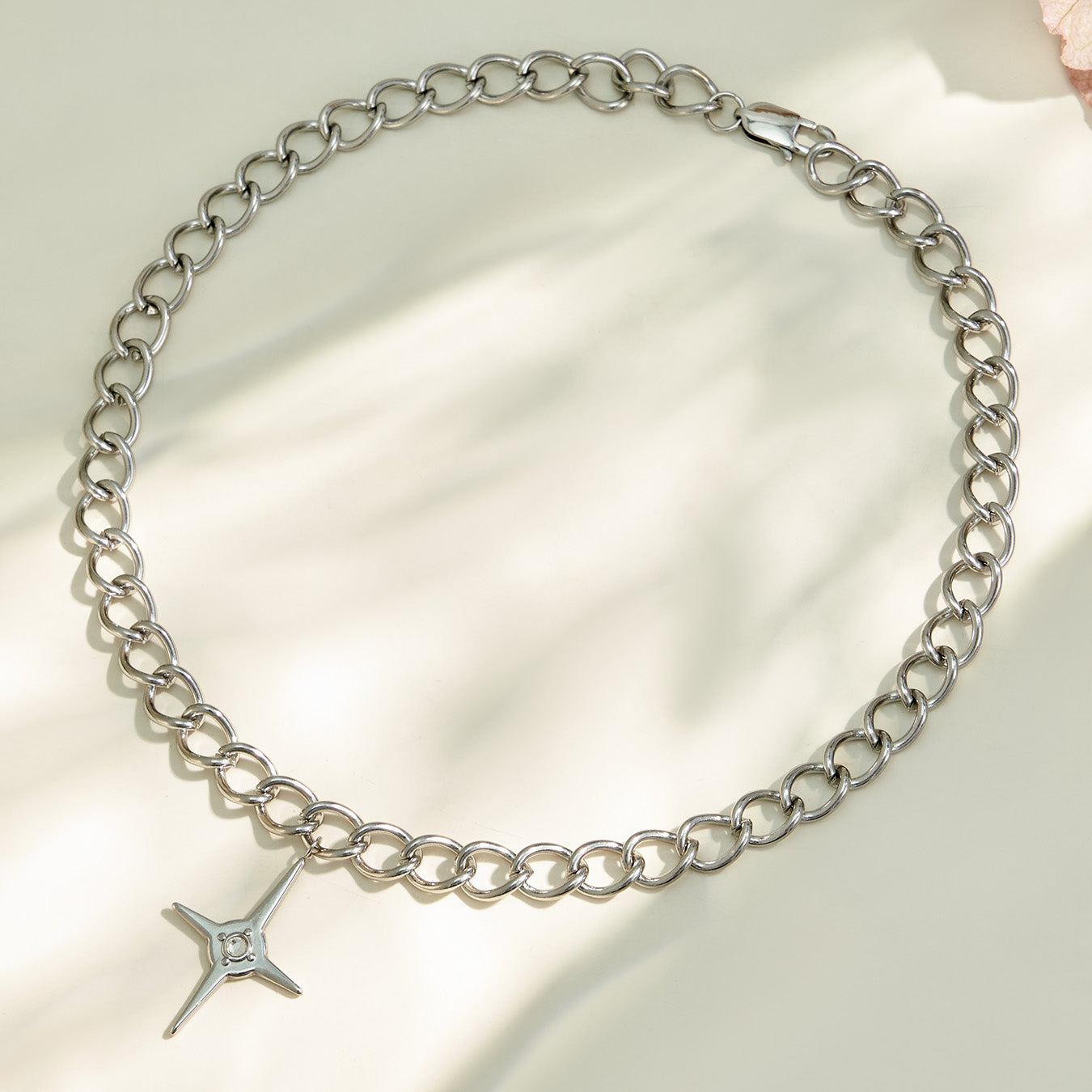 Four-point cross pendant necklace with a chunky polished 316L stainless steel chain