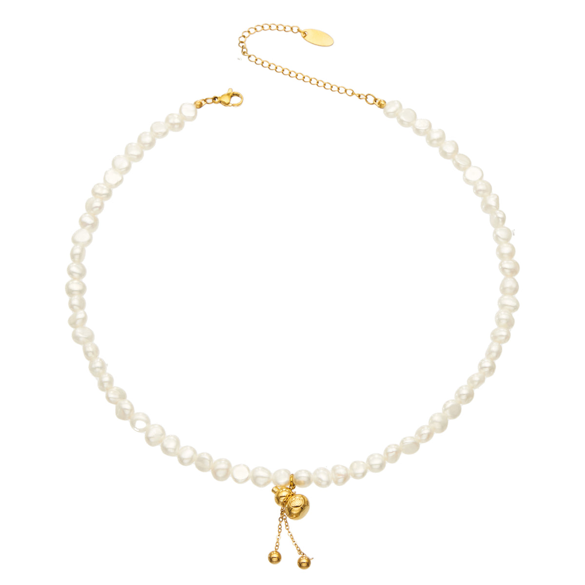 Freshwater pearl pendant necklace with gold gourd charm
