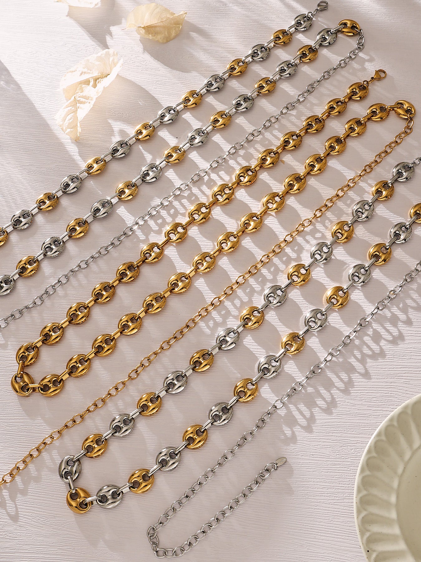 316L Stainless Steel Mixed Metal Coffee Bean Chain Jewelry Set for Women