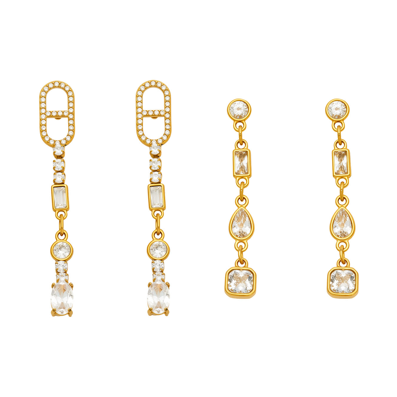 Geometric cubic zirconia long drop earrings in 316 stainless steel with gold and steel finishes