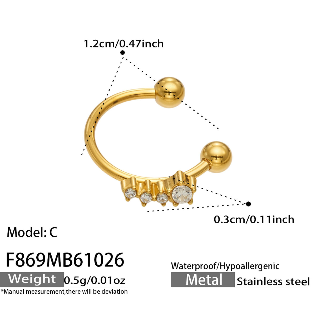 316L Stainless Steel 18K PVD Gold Geometric Wheat Zircon Ear Clip made with 316L stainless steel and 18K PVD gold finish for wholesale jewelry buyers - image 4