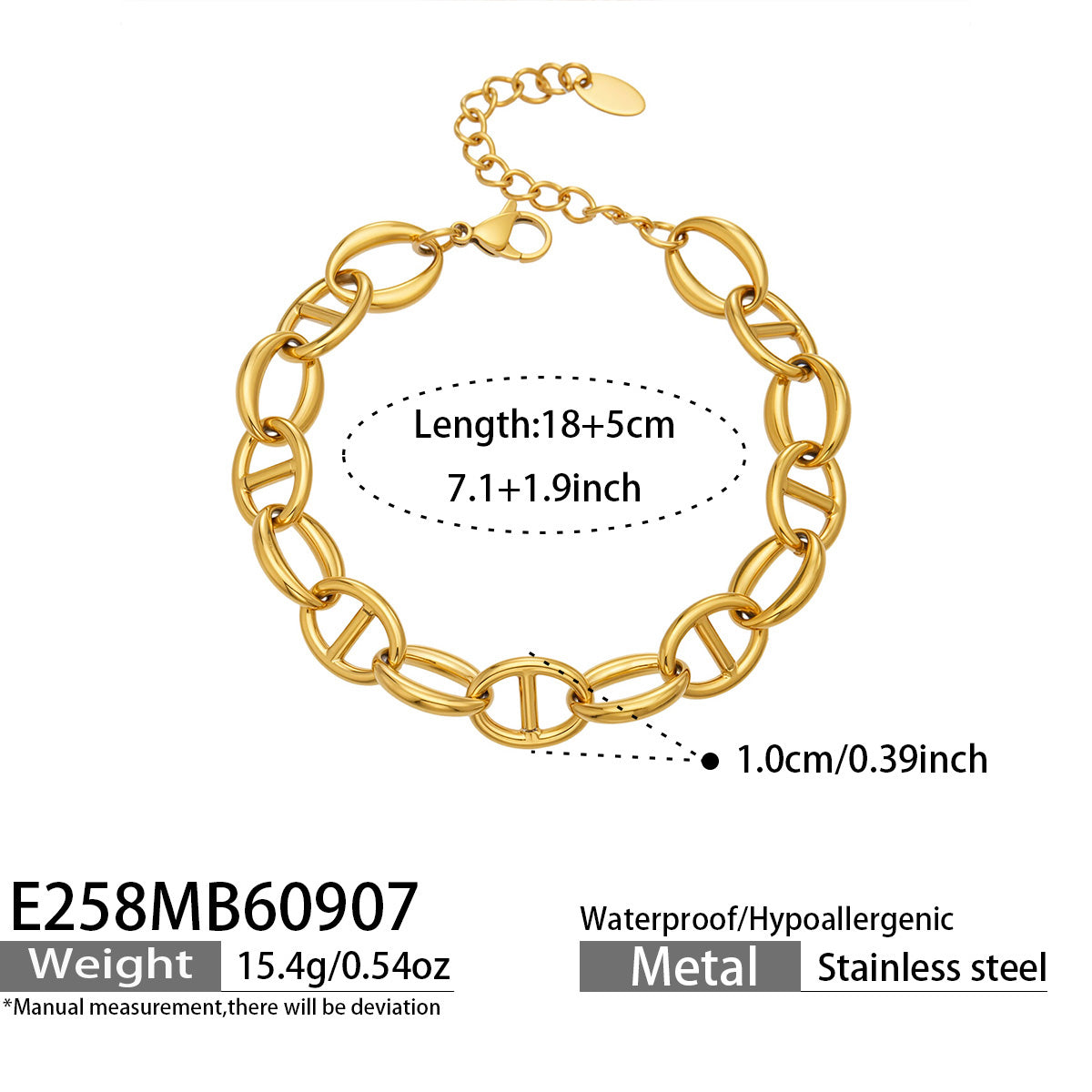 E258 plain gold oval link bracelet size guide with 18 cm bracelet and extension chain