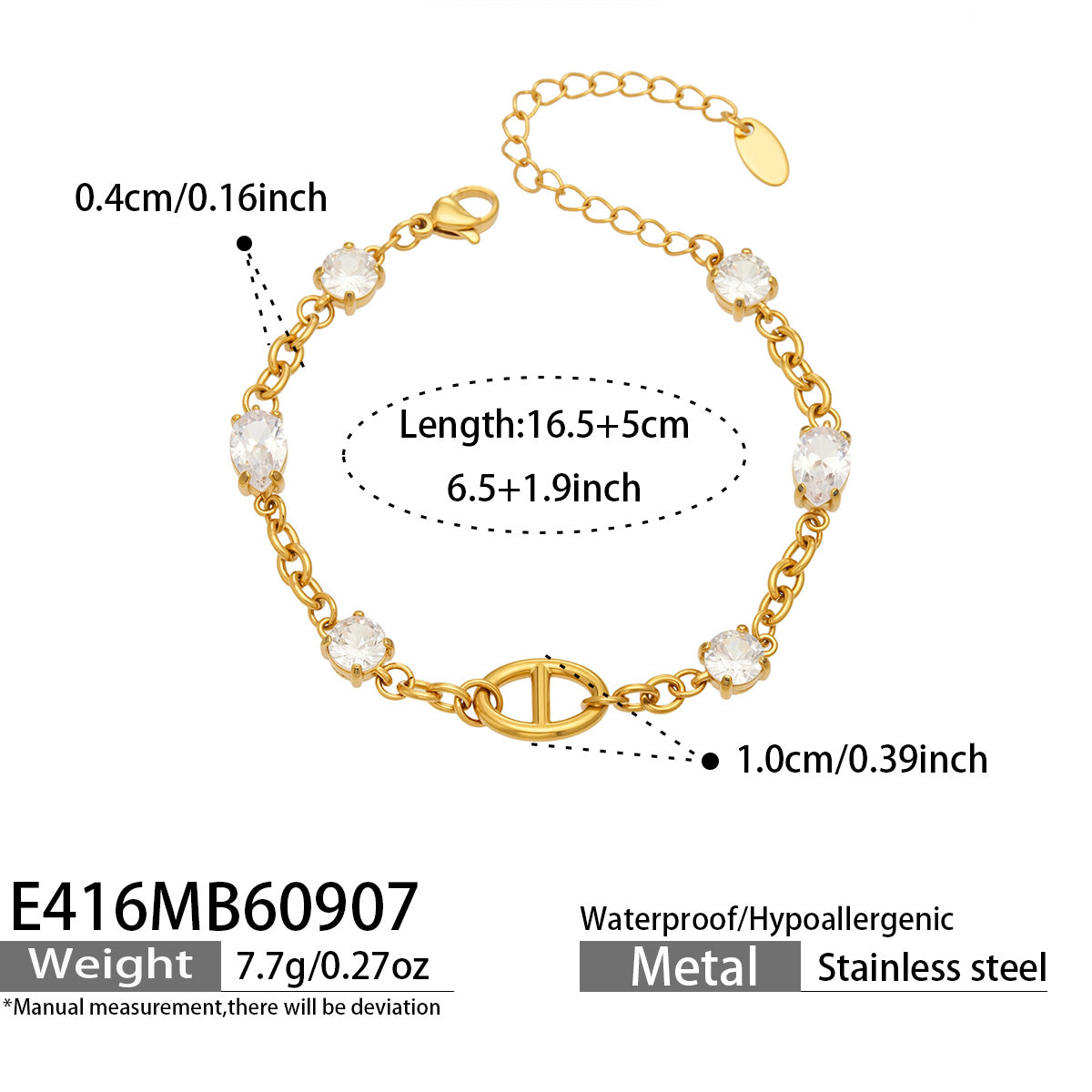 E416 white zircon oval link bracelet size guide with adjustable chain measurements