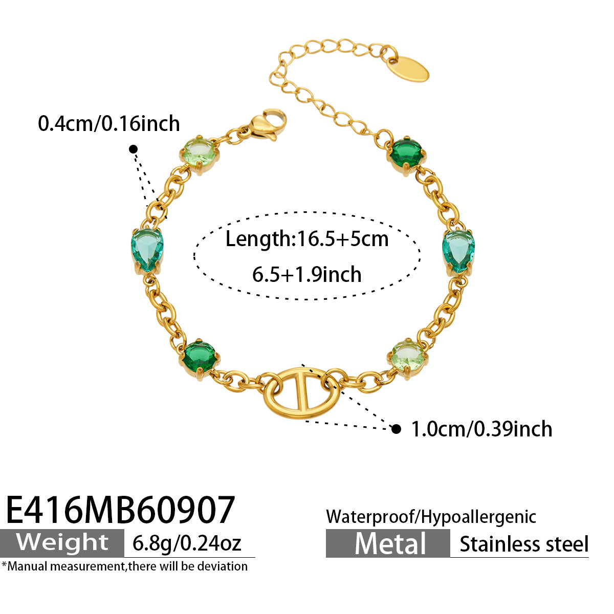E416 green zircon oval link bracelet size guide with adjustable chain measurements