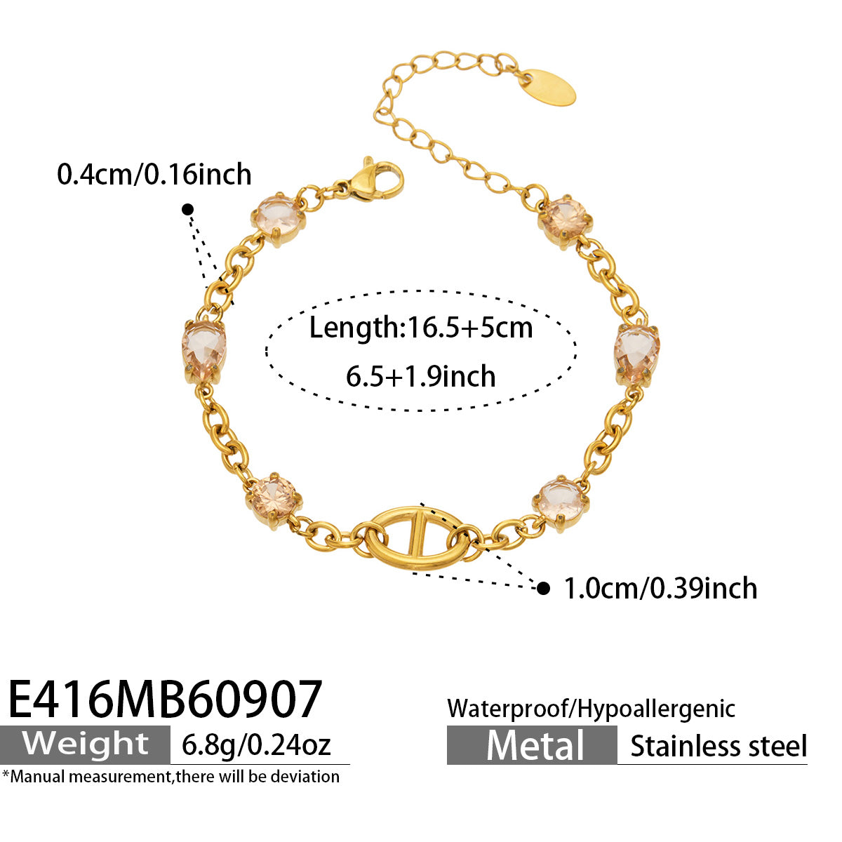 E416 champagne zircon oval link bracelet size guide with adjustable chain measurements