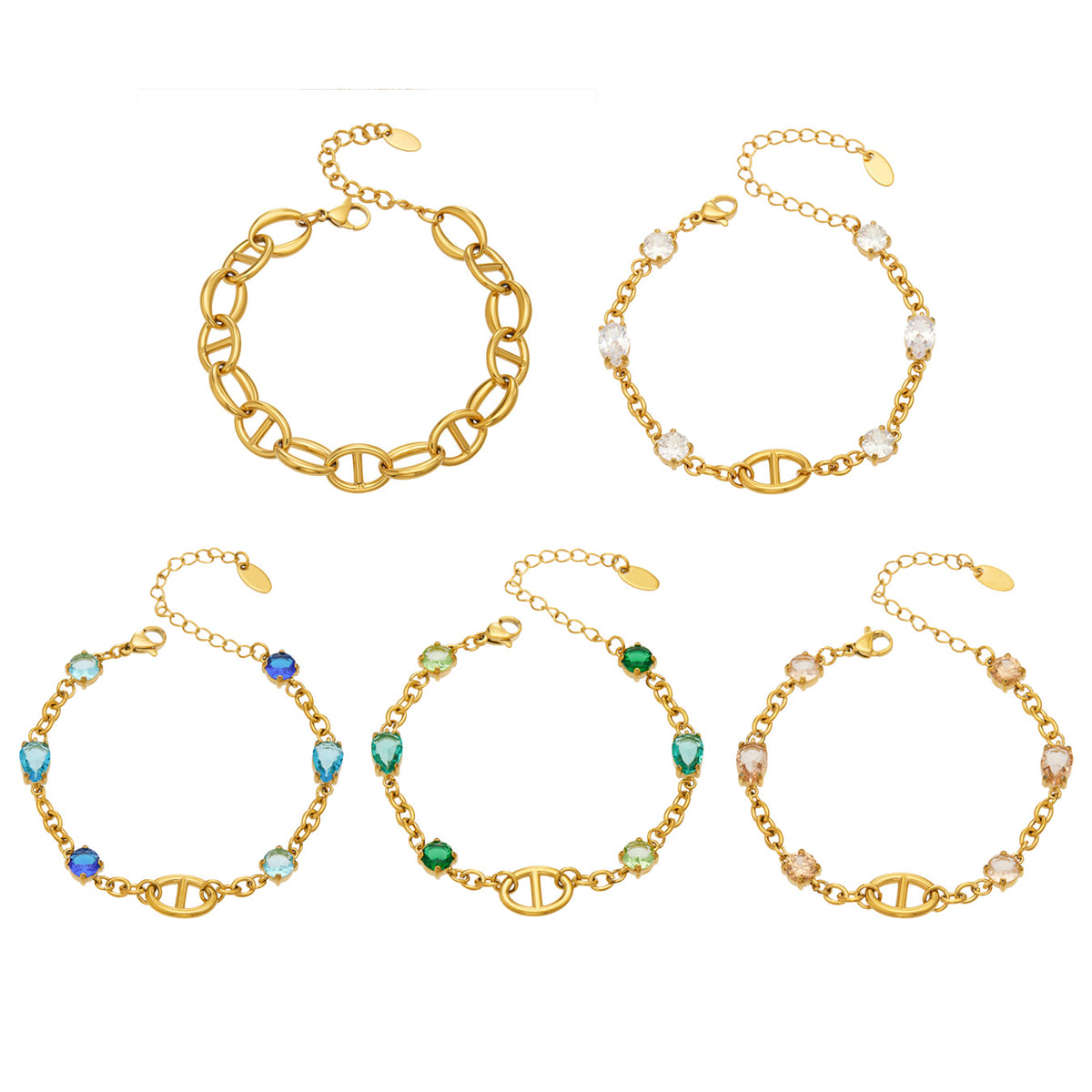 Oval link bracelet collection with plain gold and white, blue, green and champagne zircon styles