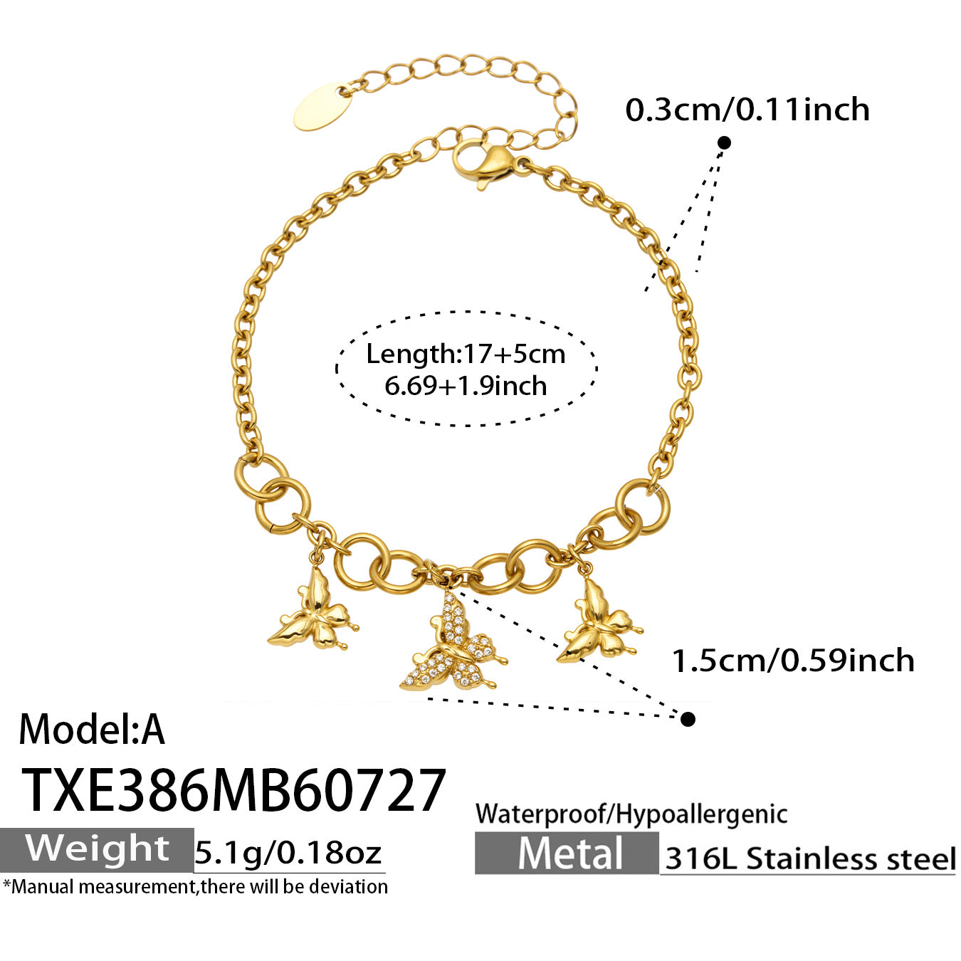 Gold butterfly zircon bracelet length, extender and product specification guide