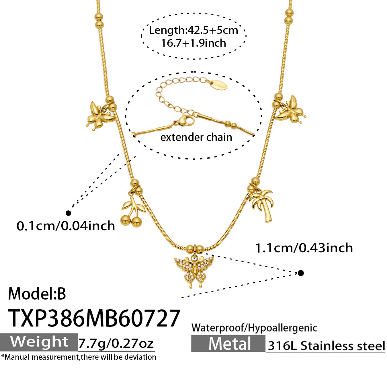 MiduoduoJewelry gold butterfly zircon charm necklace length and product specifications