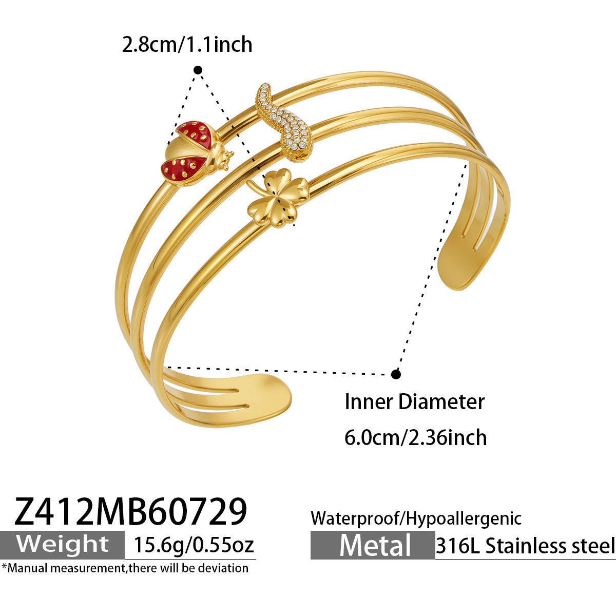 Gold chili pepper cuff bracelet width, opening and product specification guide