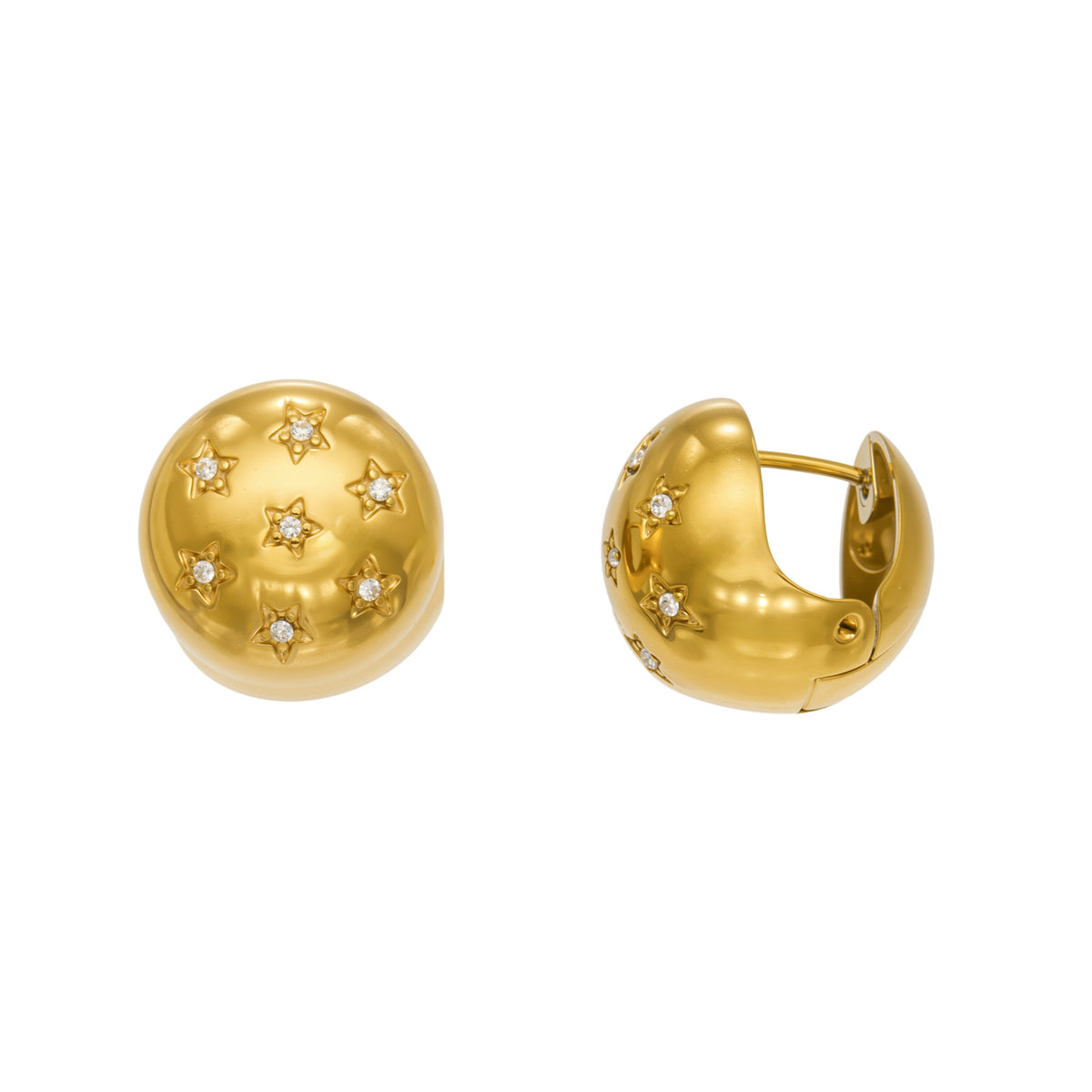 Front and side views of gold-tone stainless steel dome earrings featuring sparkling star motifs and rounded hoop-style construction