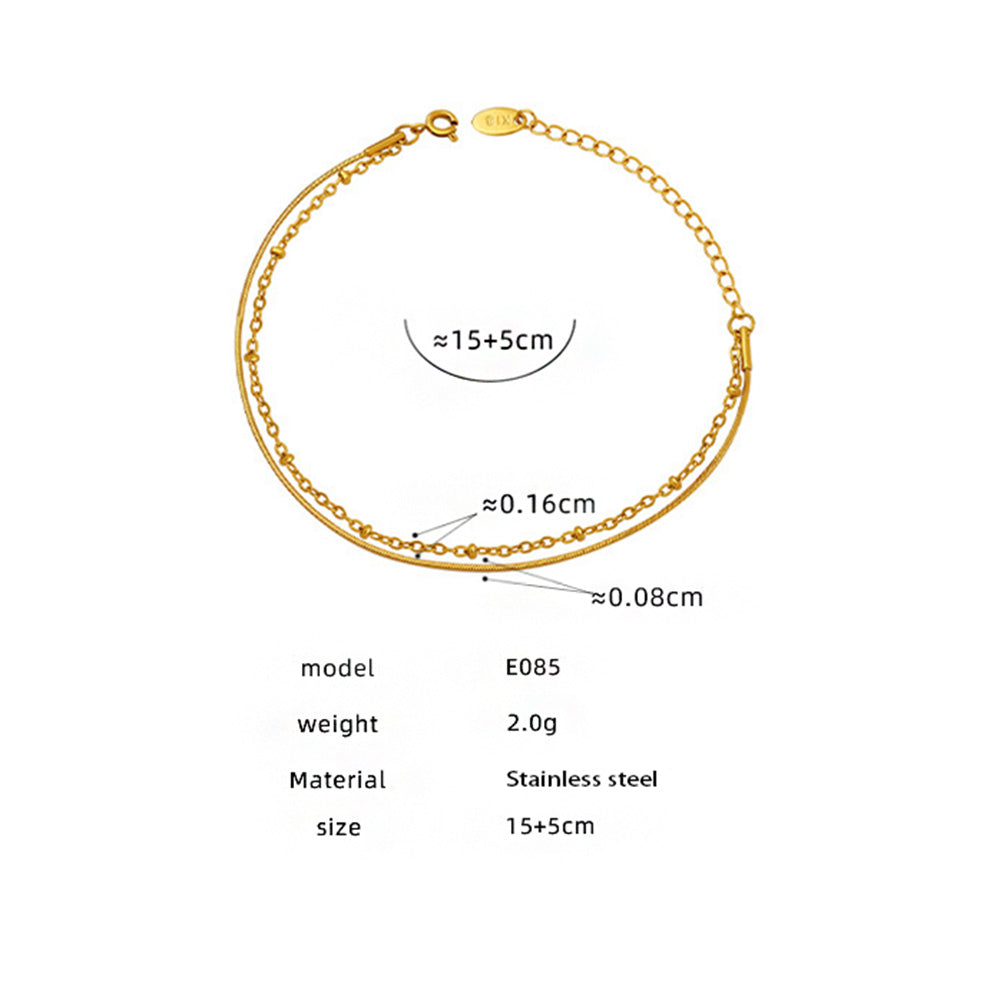 Size chart of the gold double layer bracelet with product outline and measurement details