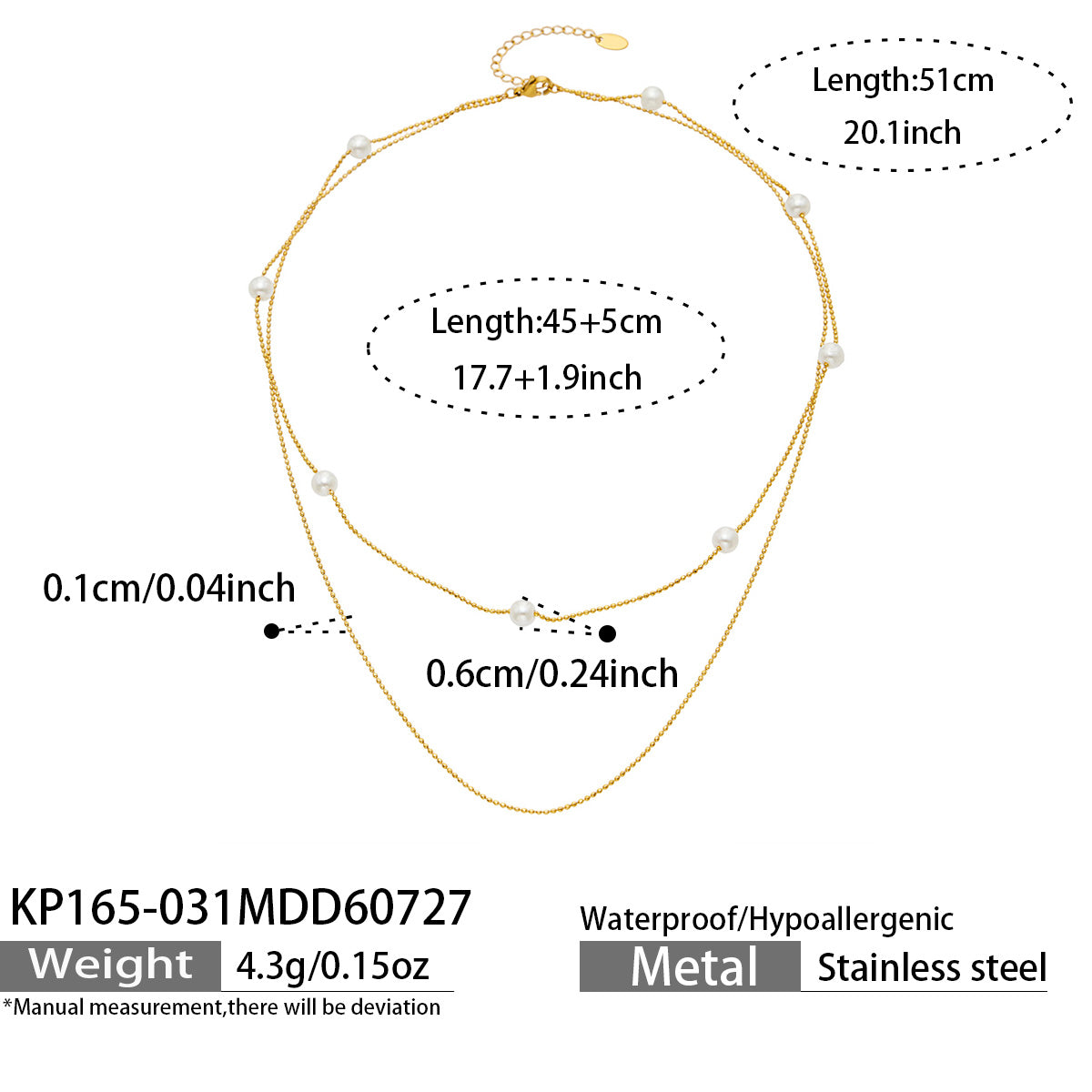 Gold double-layer faux pearl necklace dimensions and layered chain specification guide