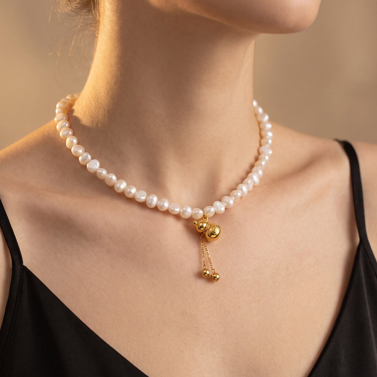Gold gourd charm freshwater pearl necklace on model