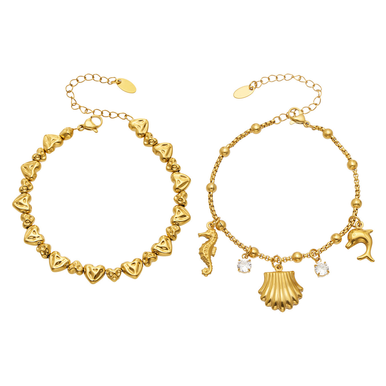 Two gold-tone 316L stainless steel bracelets in hammered heart-link and ocean charm designs