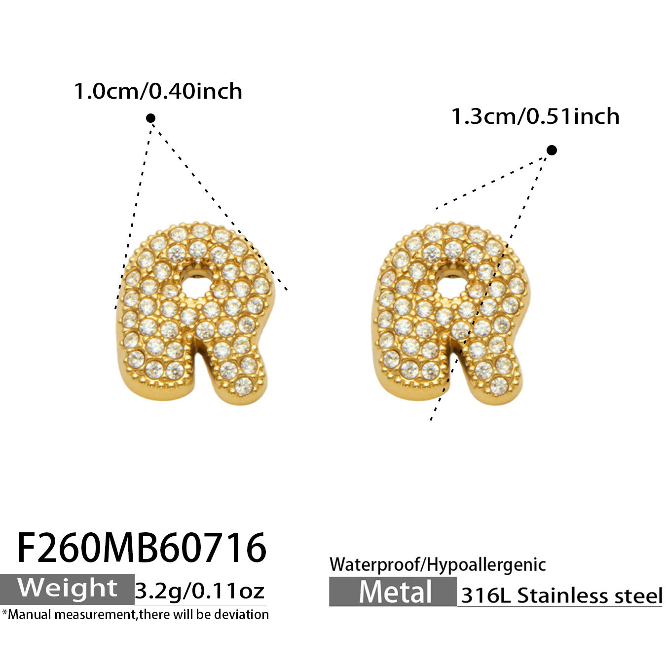 Size guide for gold letter R initial stud earrings