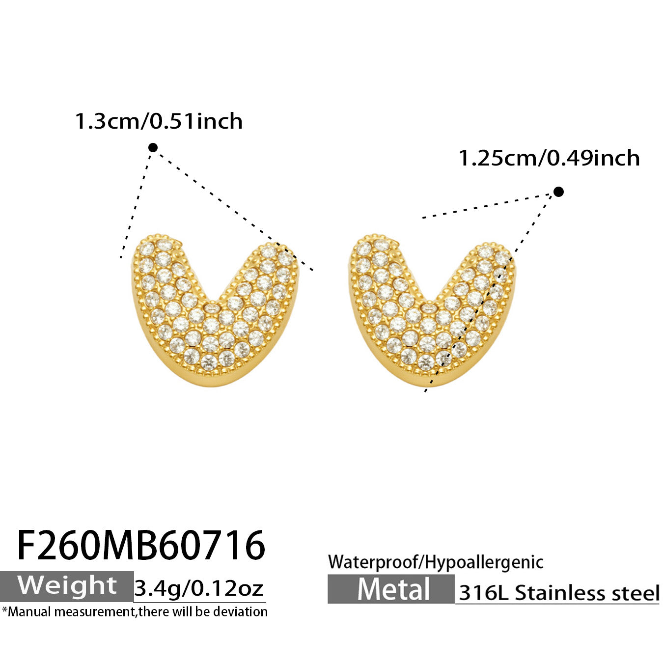 Size guide for gold letter V initial stud earrings