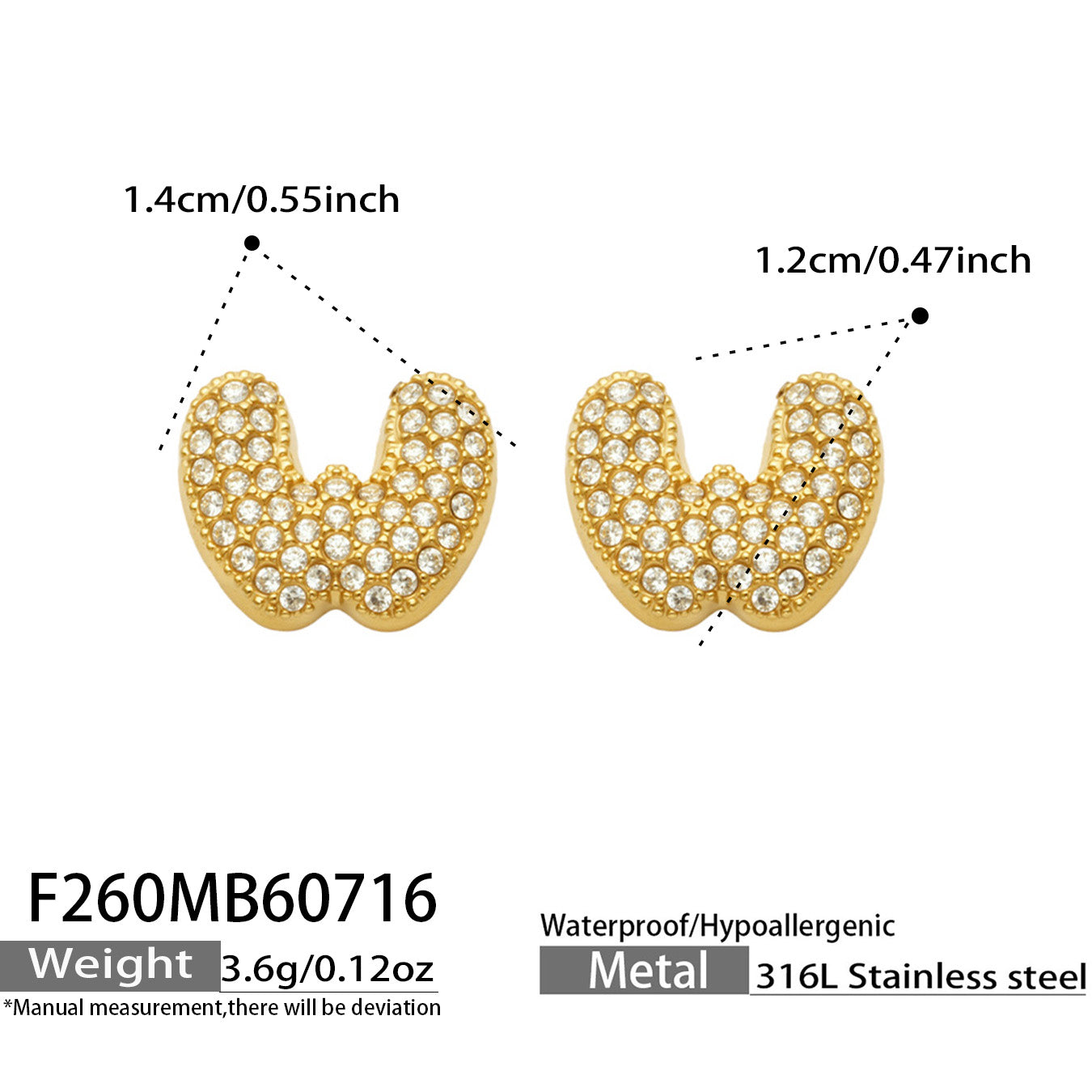 Size guide for gold letter W initial stud earrings