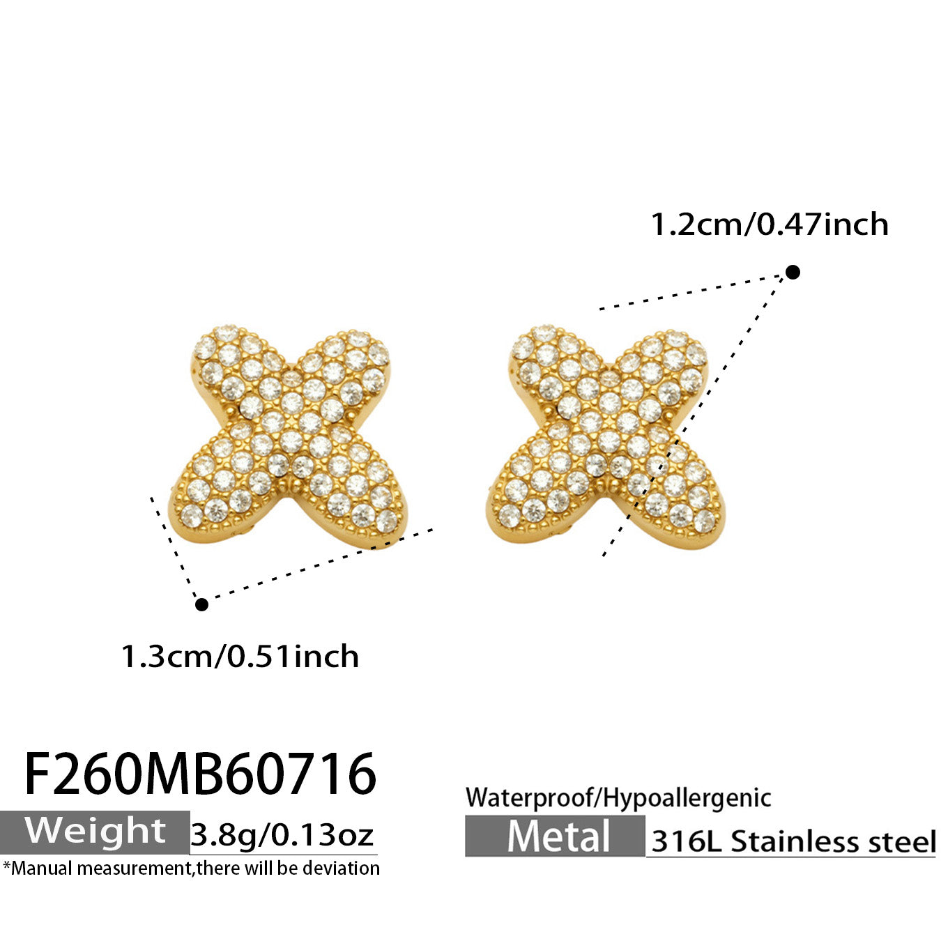 Size guide for gold letter X initial stud earrings