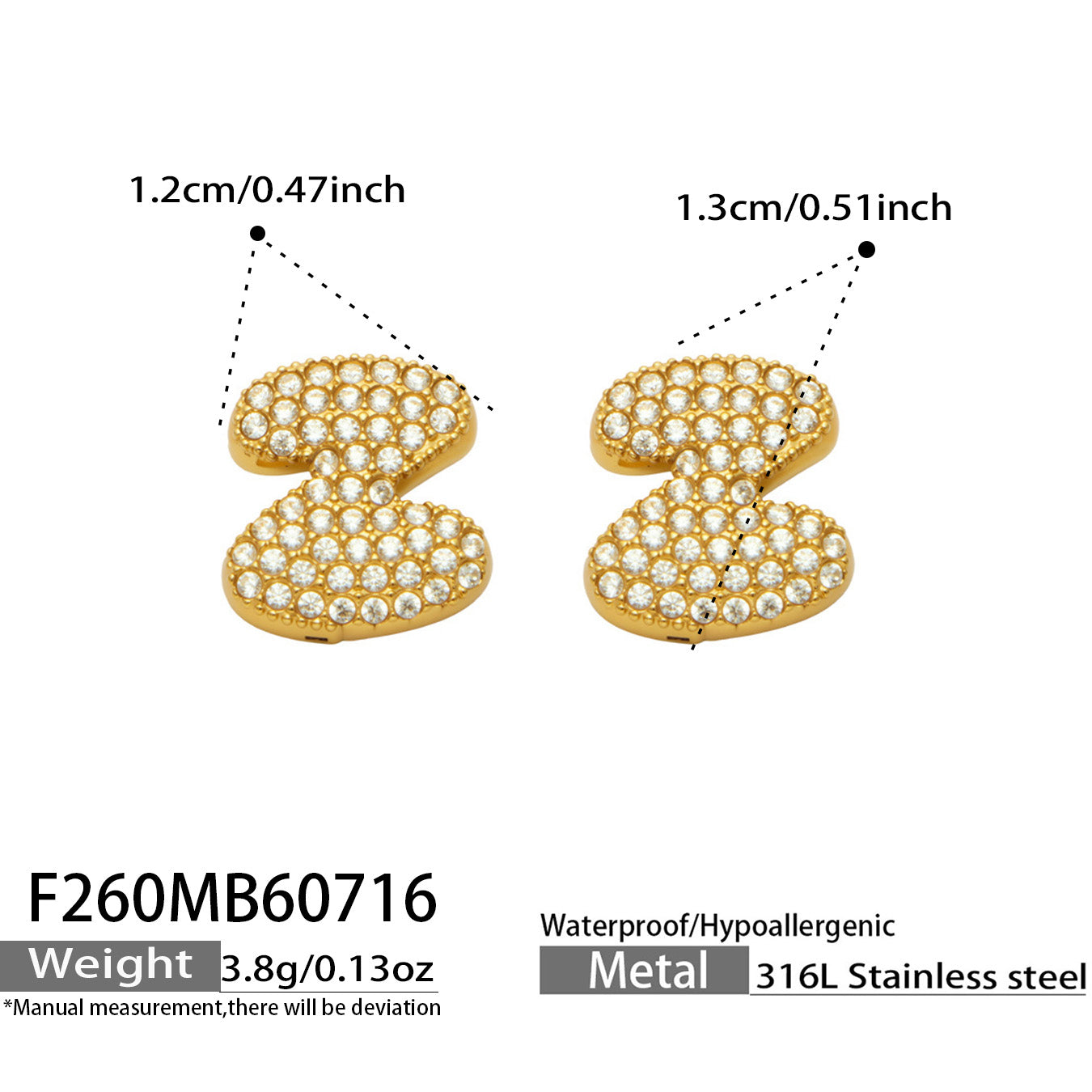 Size guide for gold letter Z initial stud earrings