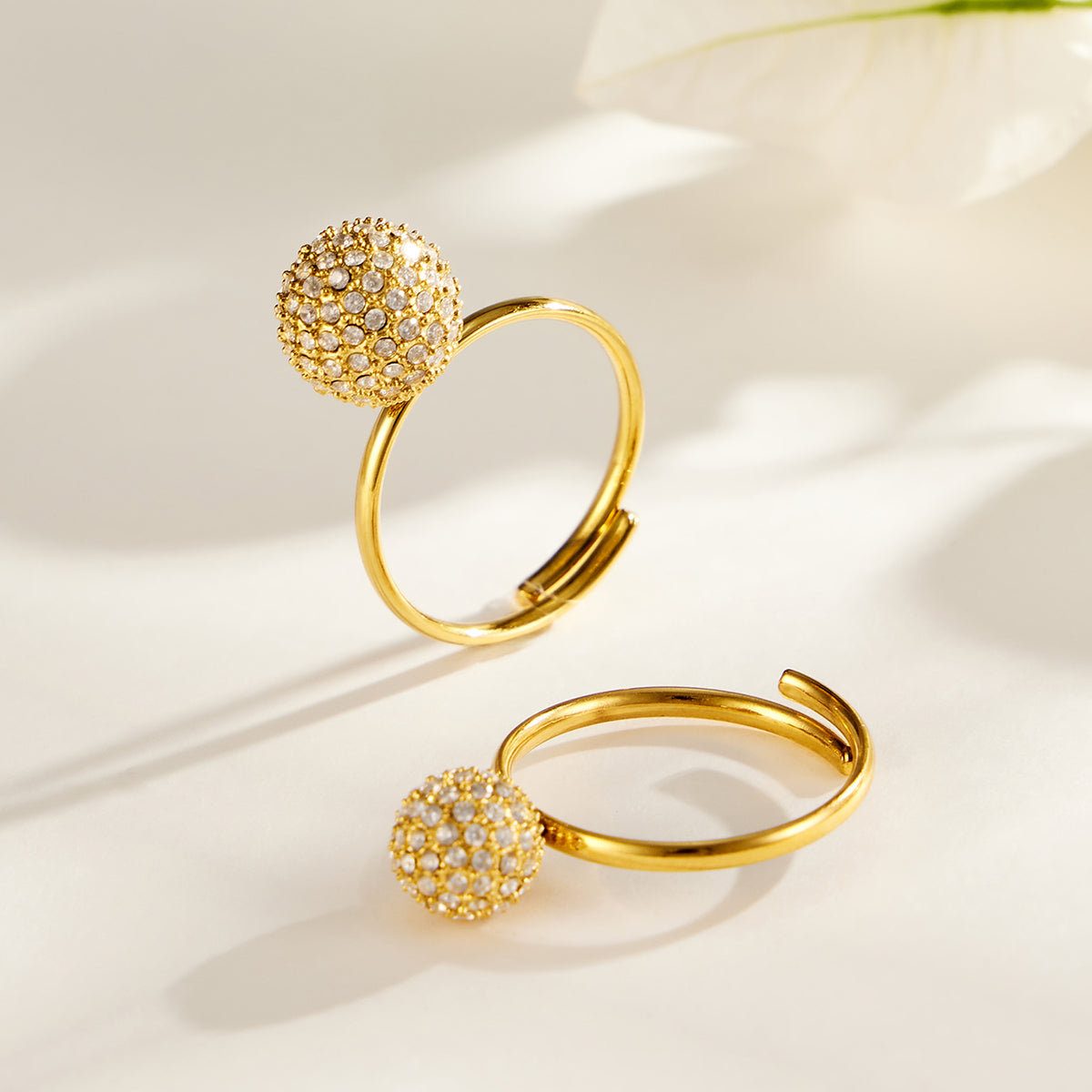 Gold pavé zircon ball open rings with round statement sphere design