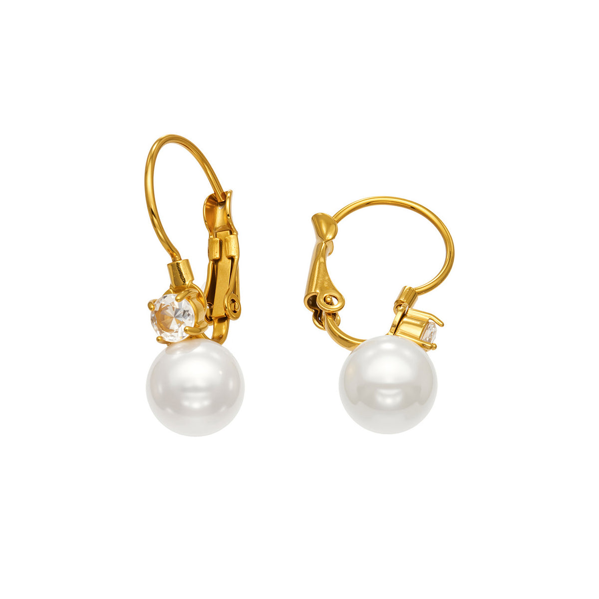 Front and back views of gold-tone stainless steel drop earrings with white shell pearls, clear stone accents and leverback-style hooks