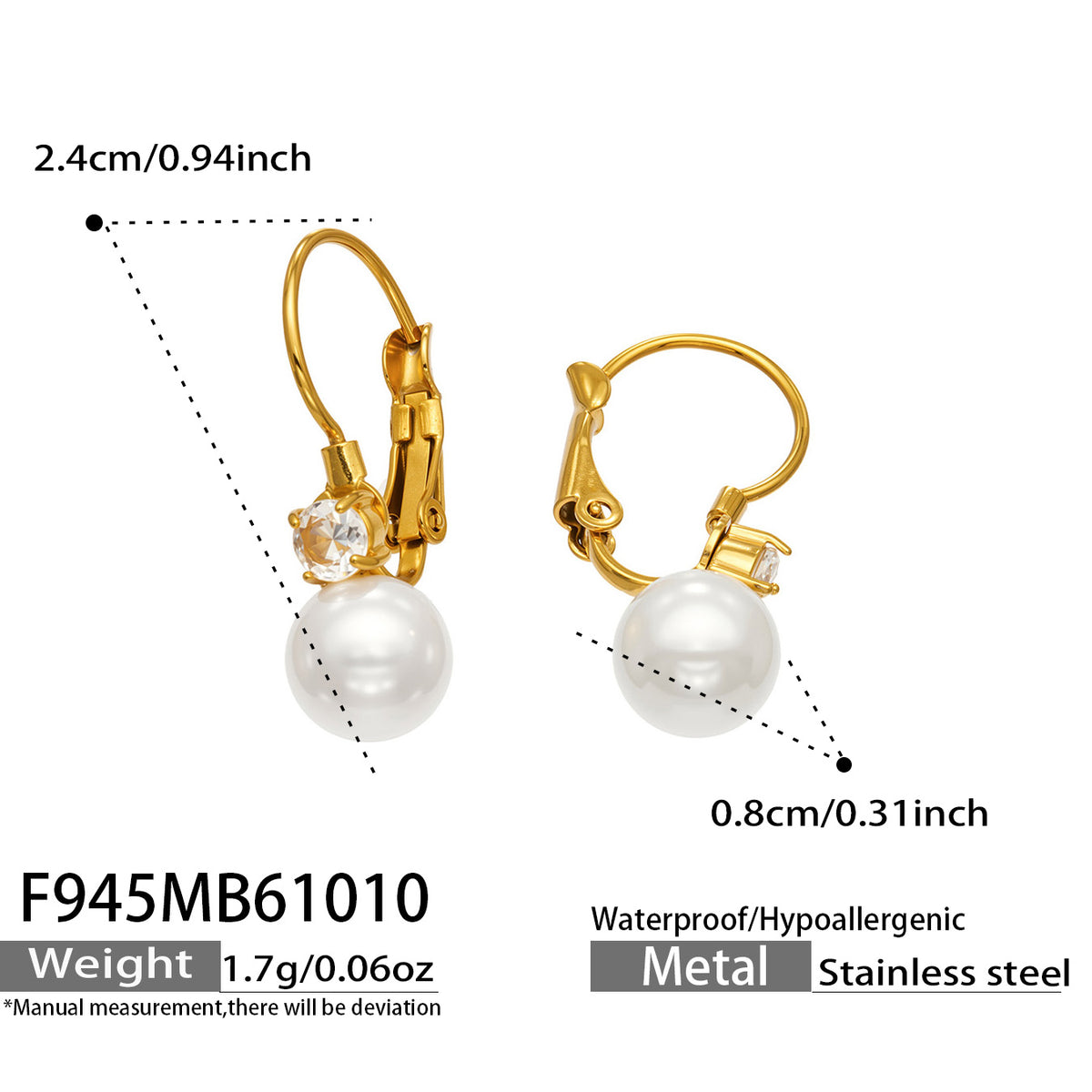 Product size diagram of gold shell pearl drop earrings showing the overall hanging length, pearl dimensions and hook structure