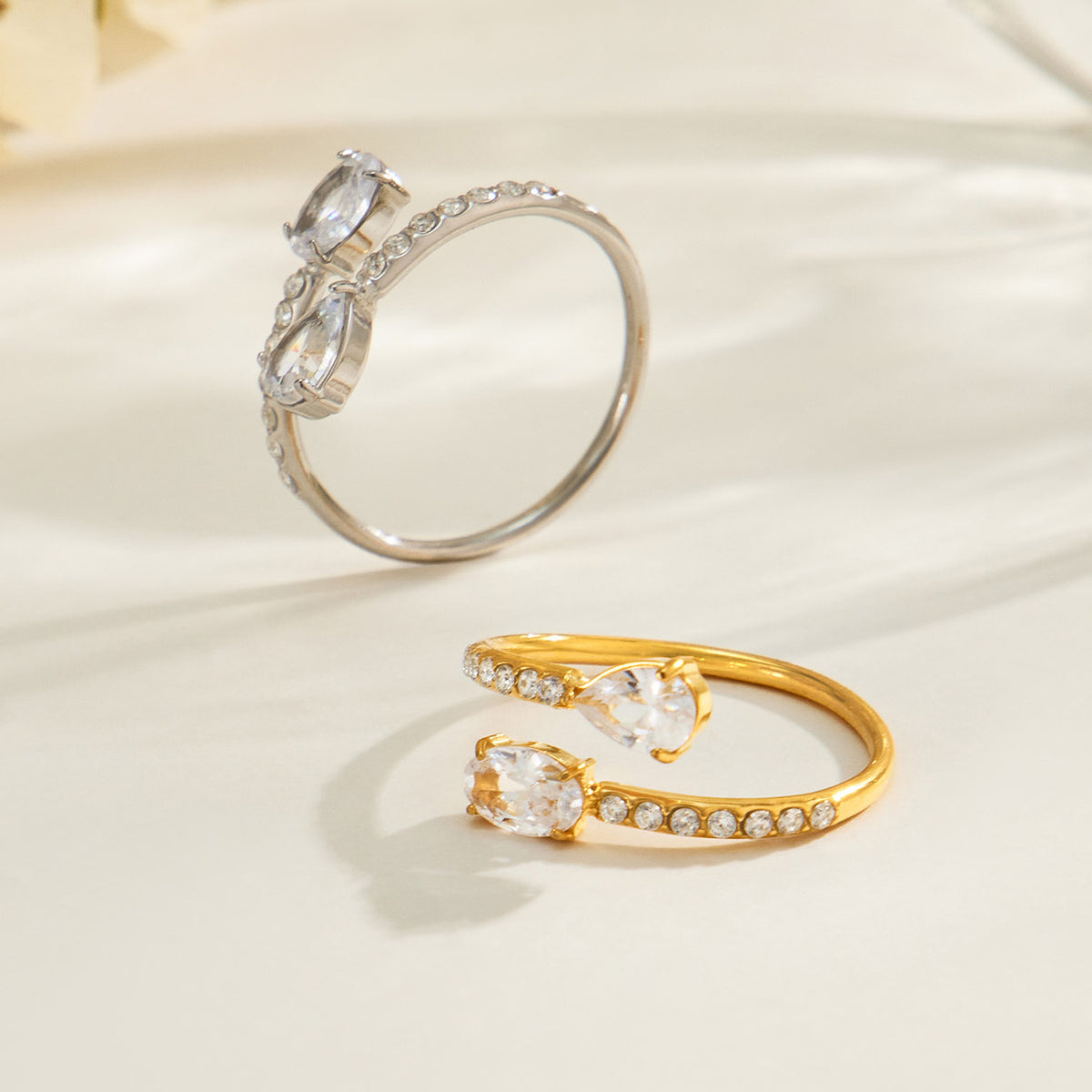 Gold-tone and steel-tone stainless steel adjustable open rings with CZ and decorative glass stones
