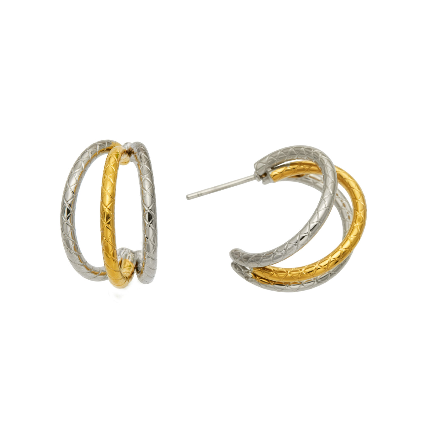Gold and steel two-tone C hoop earrings with a sculptural double layer design