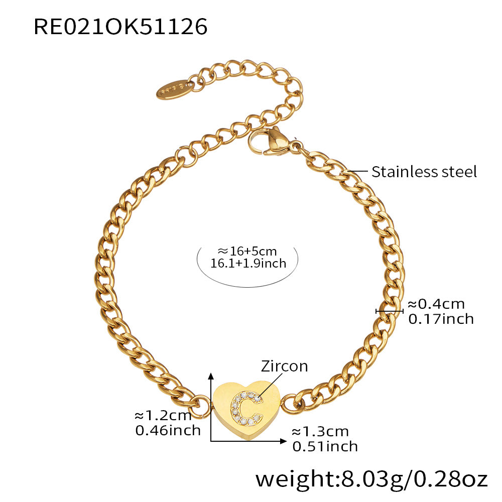 RE021 gold-tone stainless steel curb chain bracelet with zircon initial C heart charm, 16+5 cm