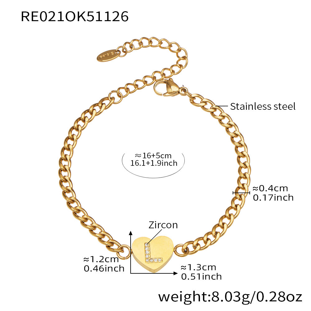 RE021 gold-tone stainless steel curb chain bracelet with zircon initial L heart charm, 16+5 cm