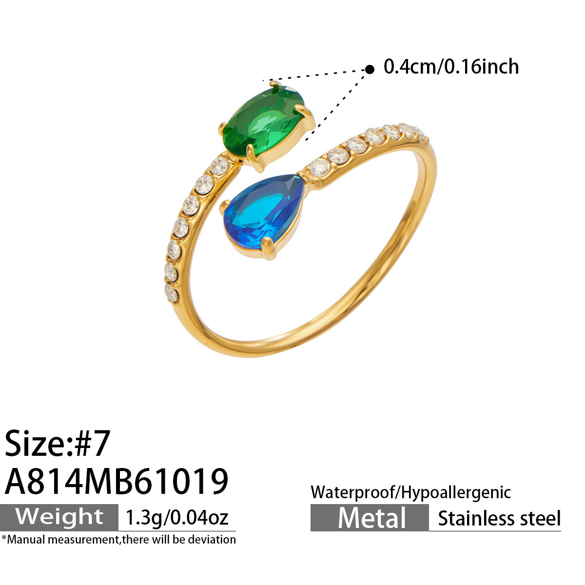 A814 gold-tone stainless steel open ring with green and blue colored glass and white cubic zirconia