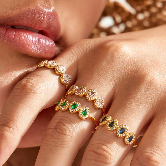 Model wearing colorful zircon ring with 18K PVD gold finish for women’s fashion jewelry styling