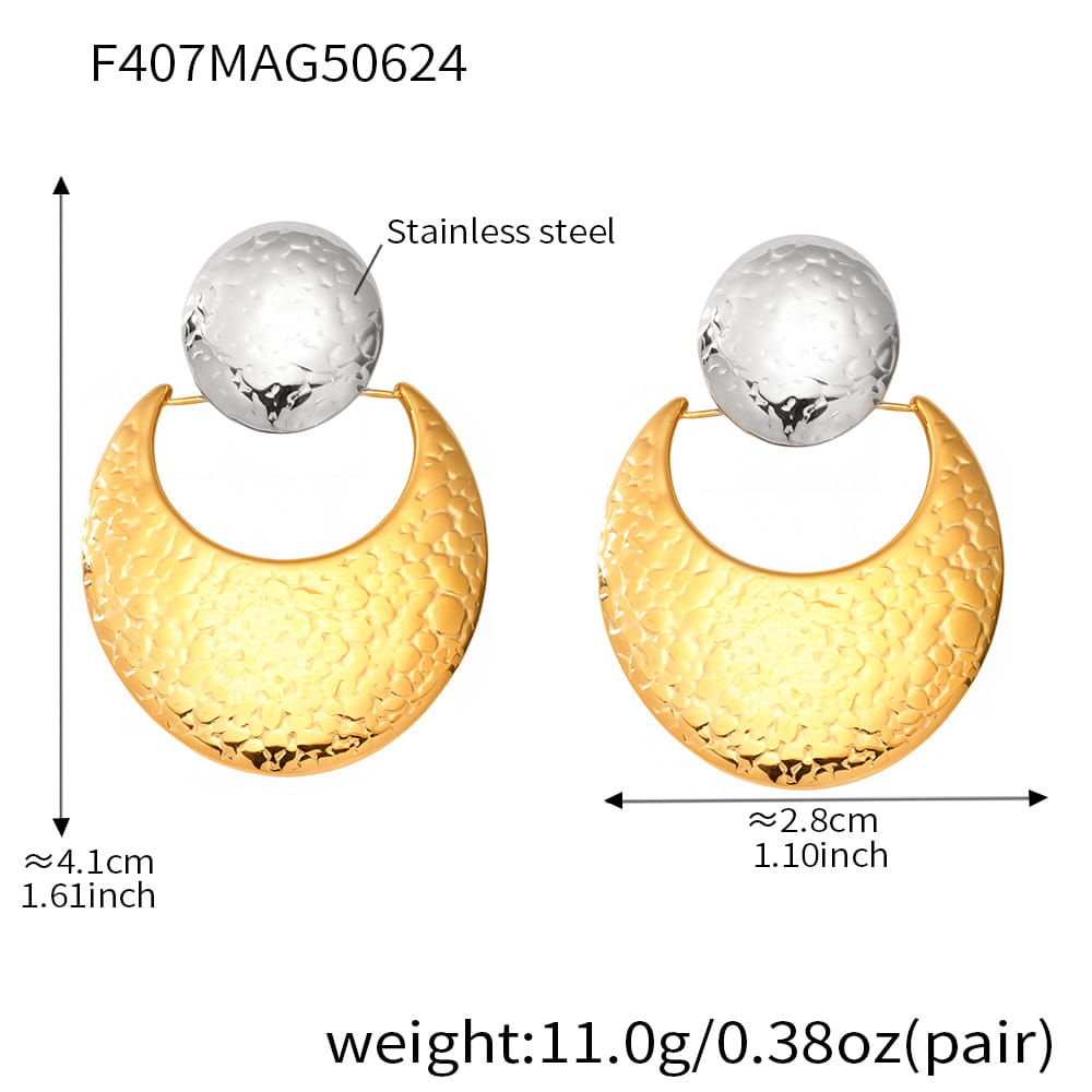 Product specifications for the two-tone gold and silver stainless steel hypoallergenic statement earrings.