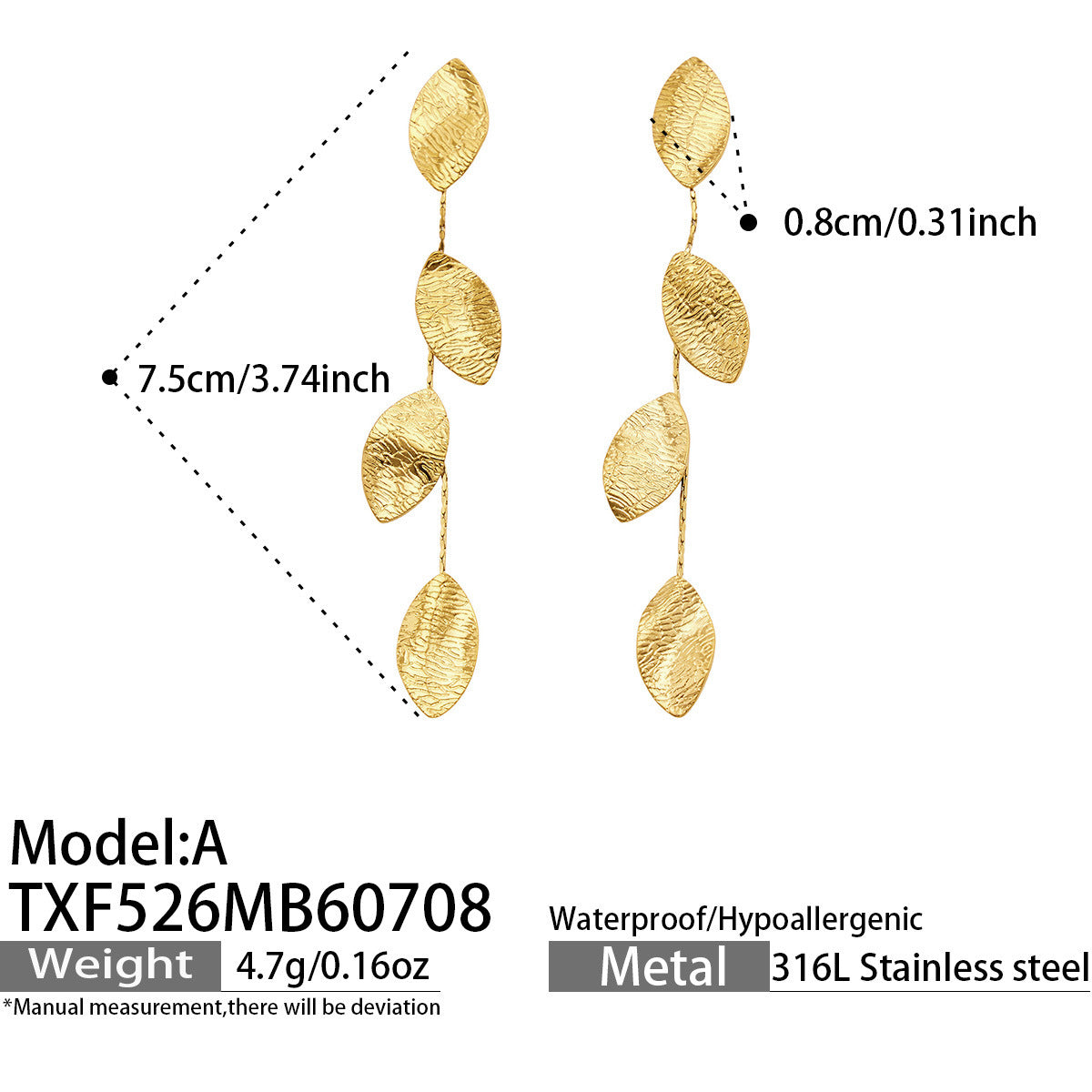 316L Stainless Steel 18K PVD Gold Hammered Leaf Jewelry Set made with 316L stainless steel and 18K PVD gold finish for wholesale jewelry buyers - image 5
