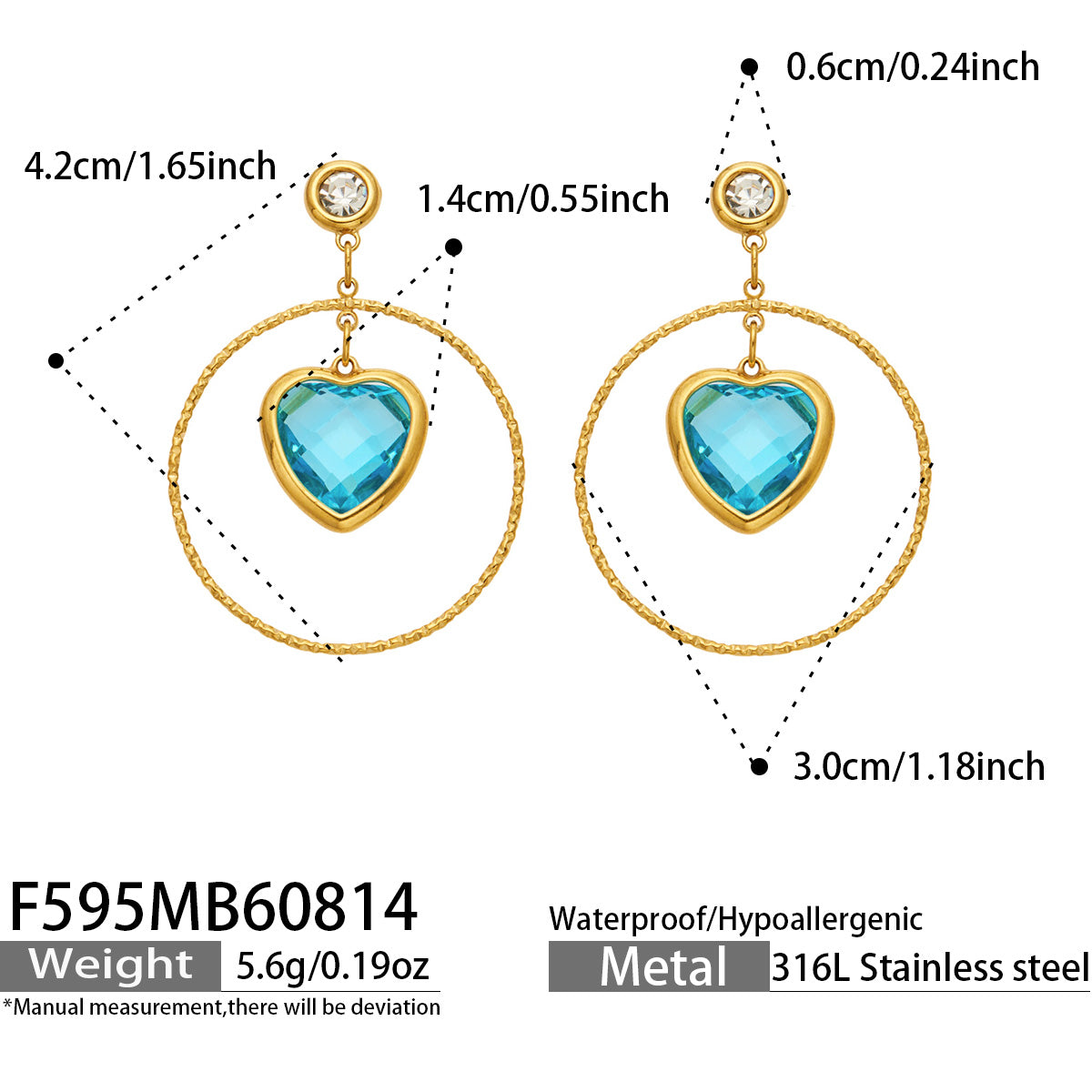 Blue Heart Earring in 316L Stainless Steel