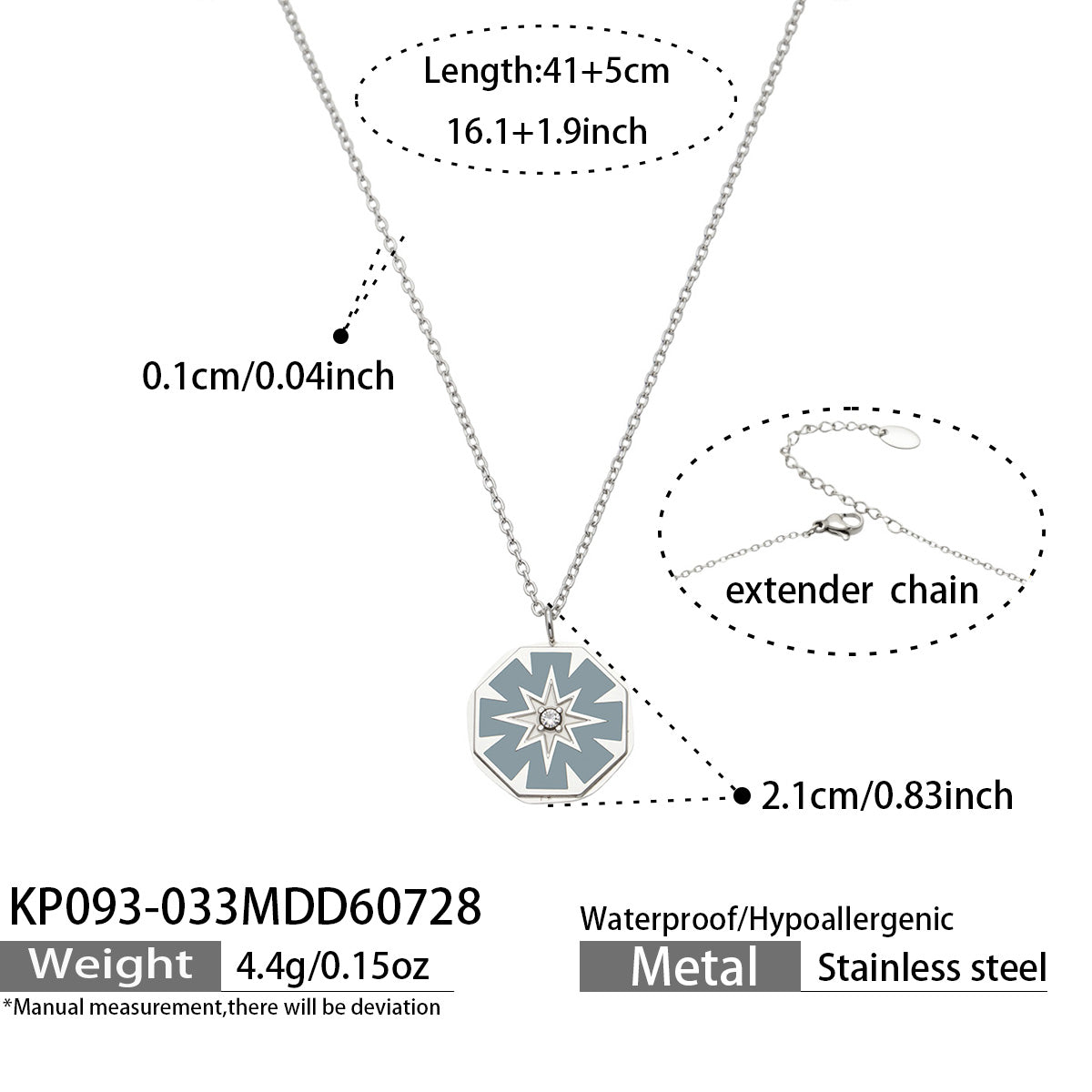 KP093-033 geometric starburst pendant necklace size and product detail guide