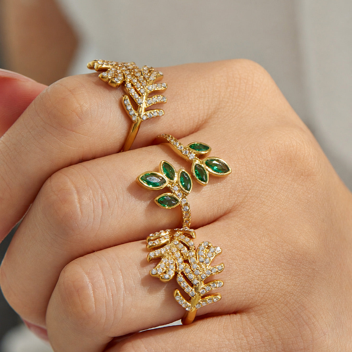 316L Stainless Steel 18K PVD Gold Leaf Zircon Ring Set made with 316L stainless steel and 18K PVD gold finish for wholesale jewelry buyers - image 3