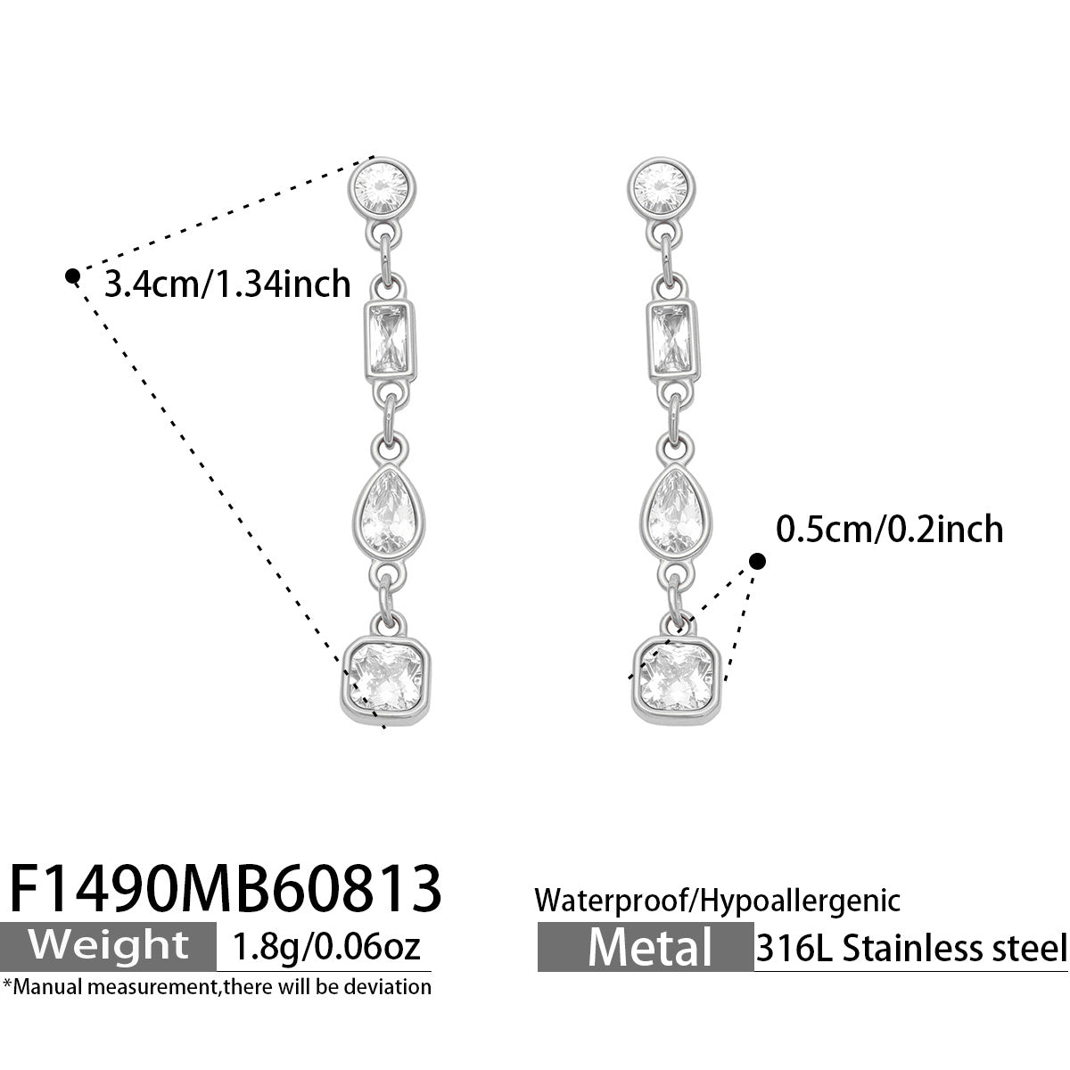 Steel linear cubic zirconia long drop earrings size and product detail guide