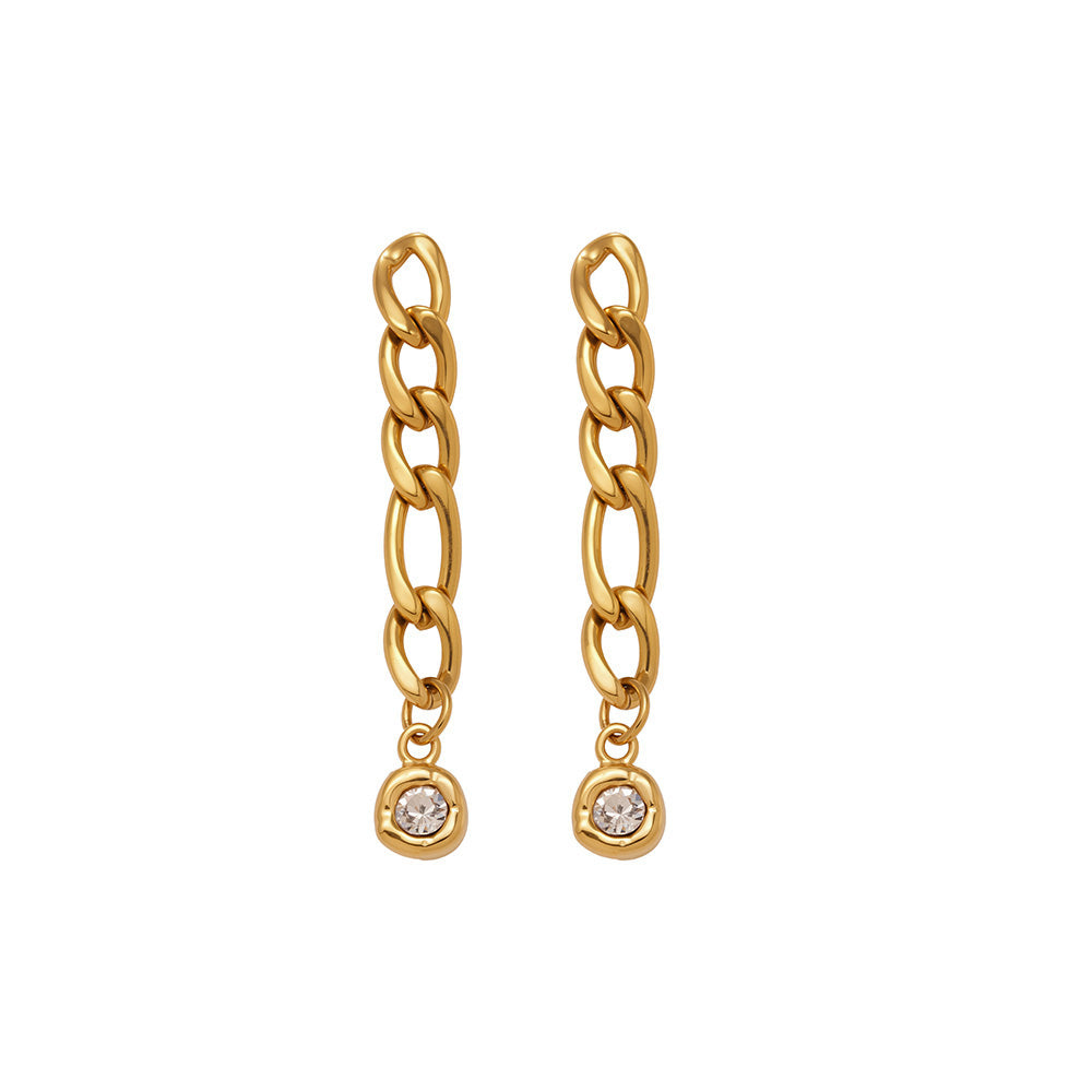 MiduoduoJewelry gold long link chain drop earrings with clear round zircon accents on white