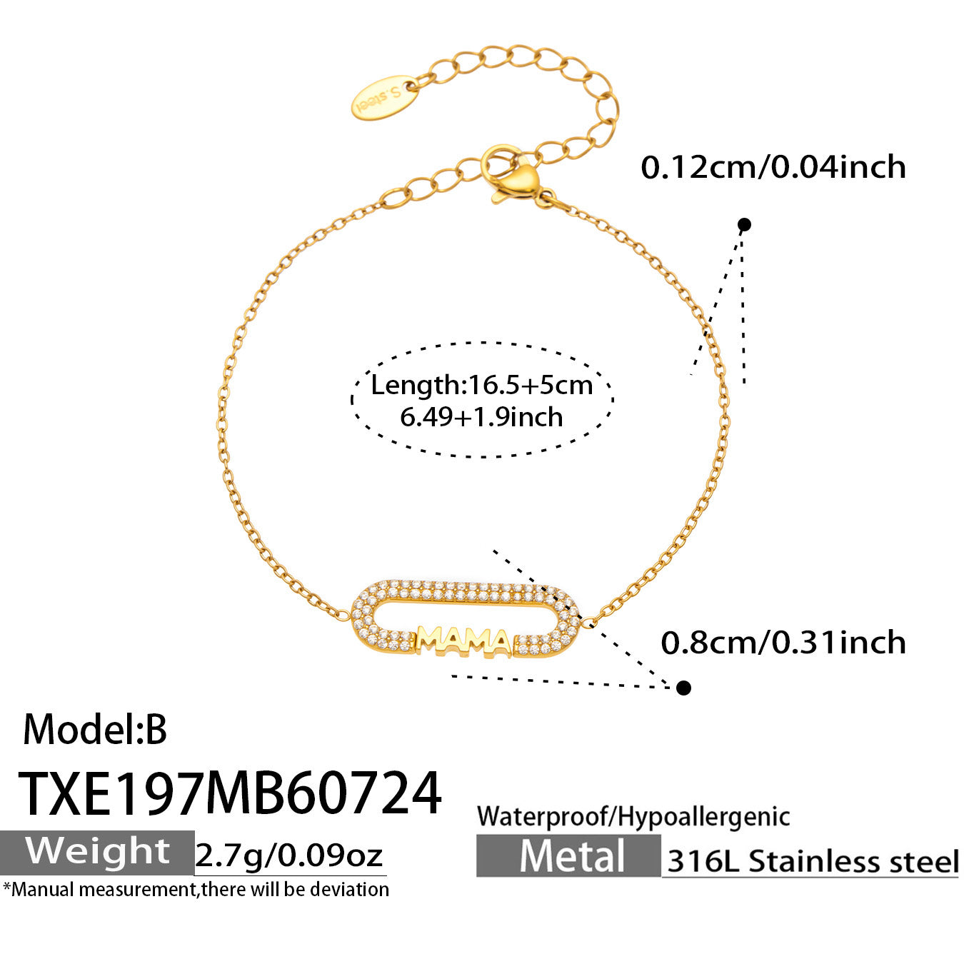 MiduoduoJewelry MAMA zircon bracelet dimensions, adjustable length and product specifications