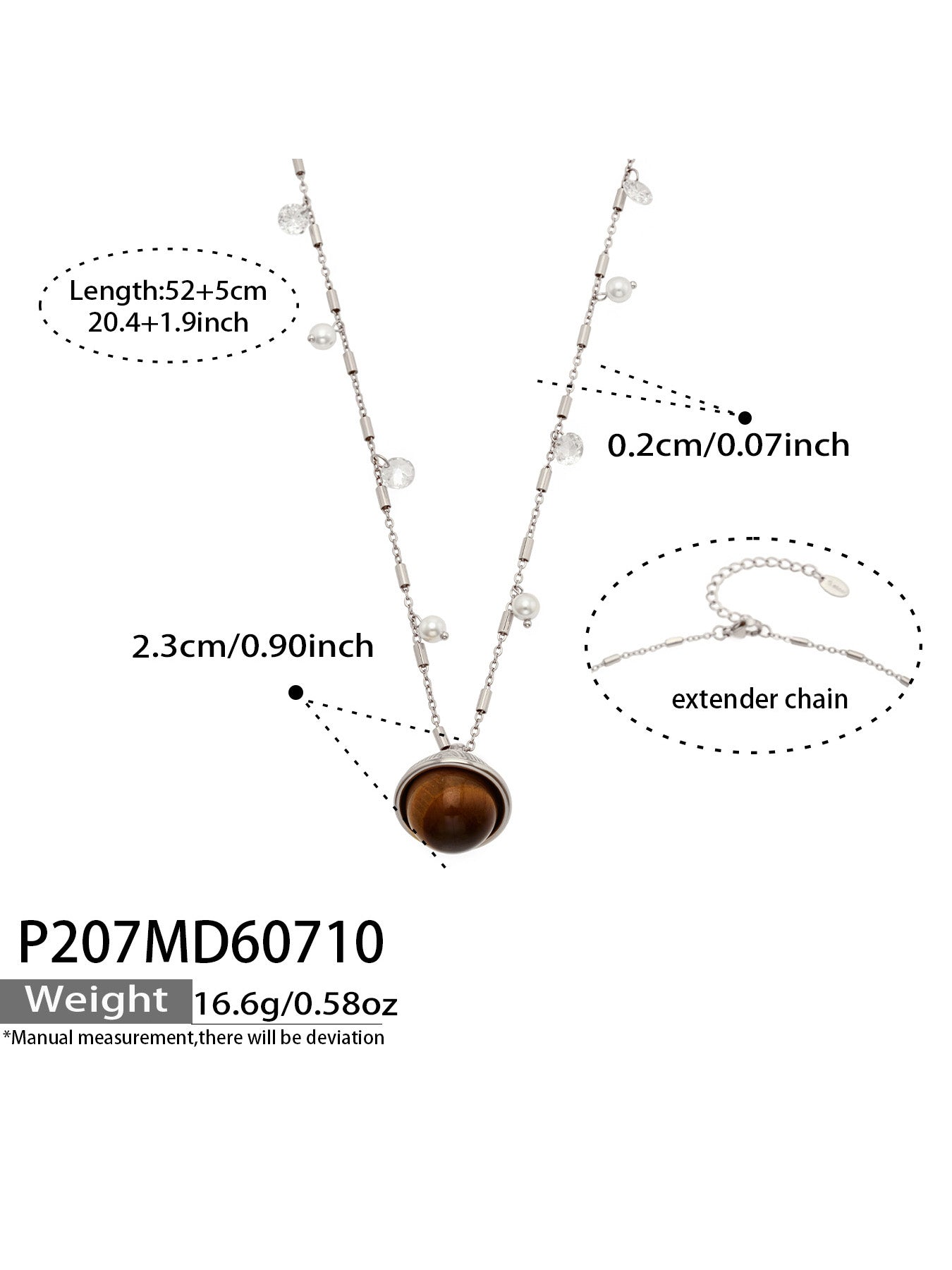 P207 steel tiger eye zircon pendant necklace size card with 52+5cm adjustable chain, tiger eye stone and extender chain