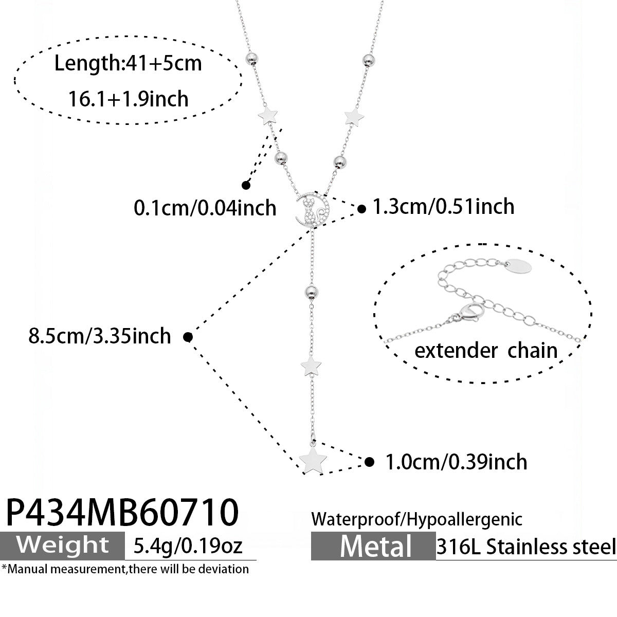 P434 steel cat zircon Y necklace size card with 41+5cm adjustable chain and stainless steel material