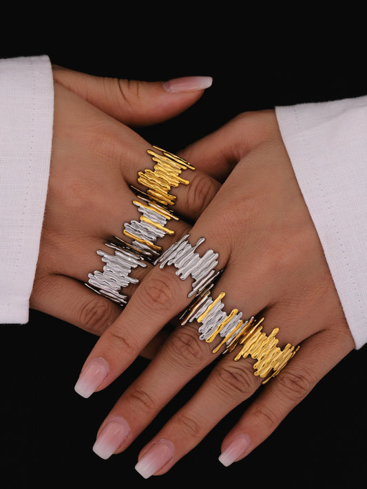316L Stainless Steel Mixed Metal Irregular Geometric Open Ring | Melted Lava Statement Jewelry