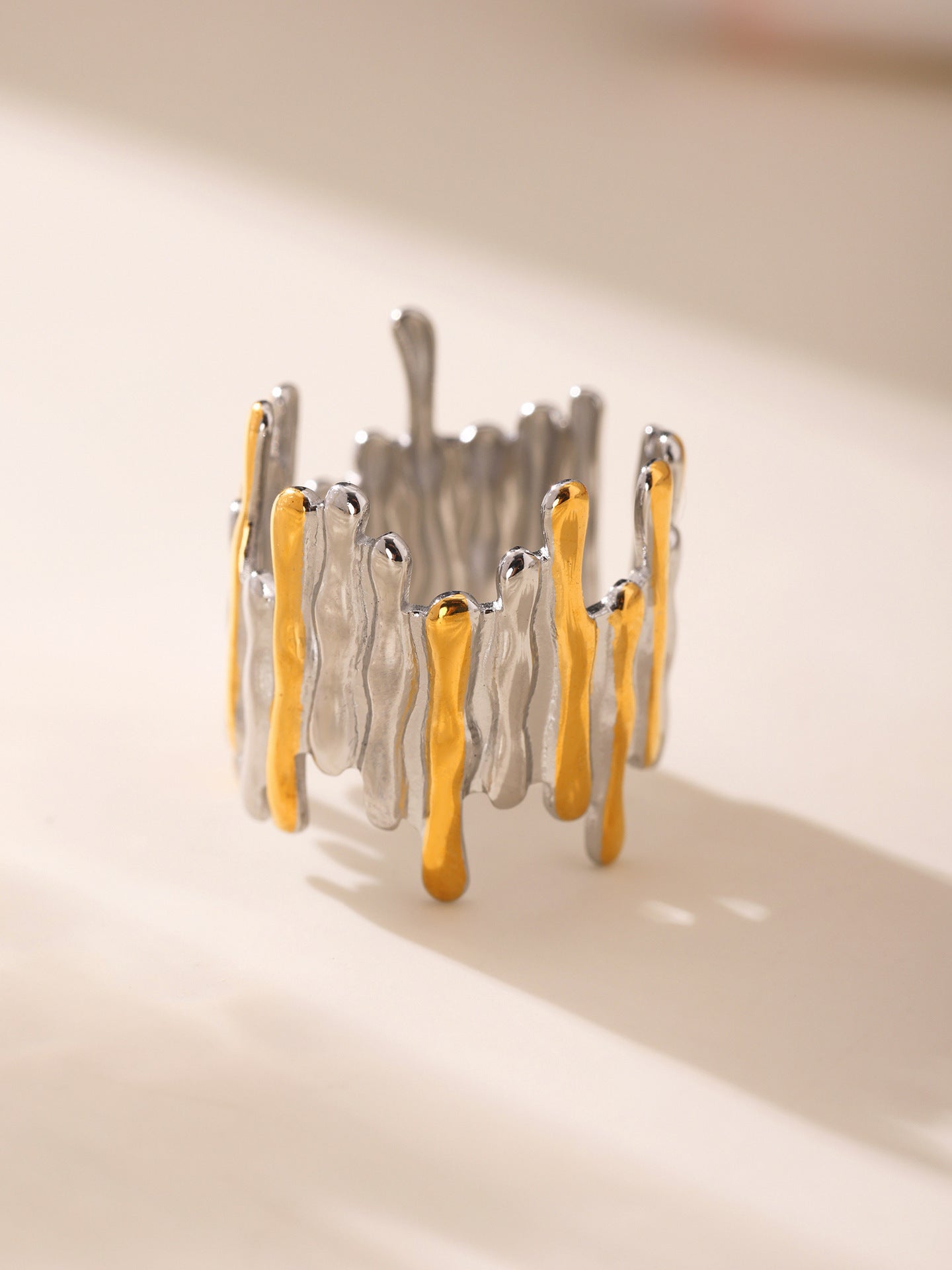 316L Stainless Steel Mixed Metal Irregular Geometric Open Ring | Melted Lava Statement Jewelry