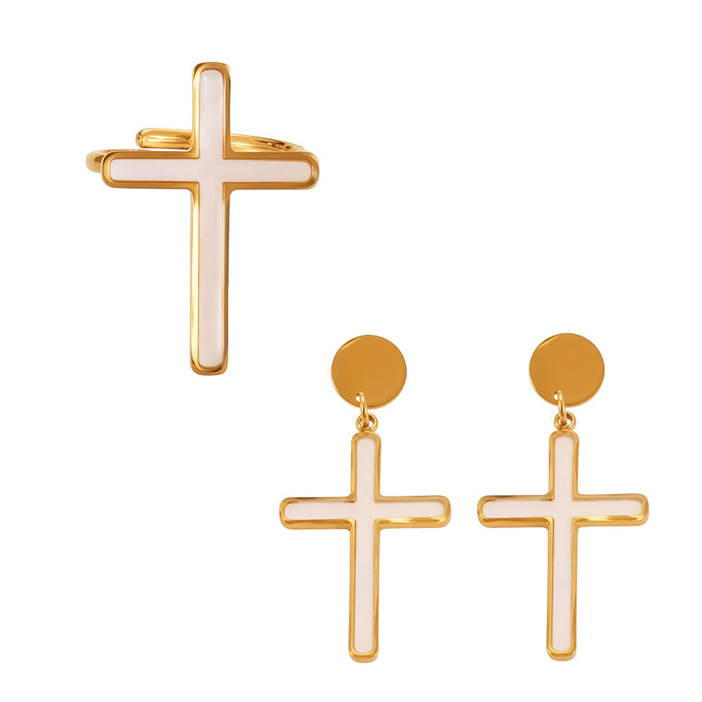 Mother-of-pearl cross earrings, ring and pendant in 316L stainless steel