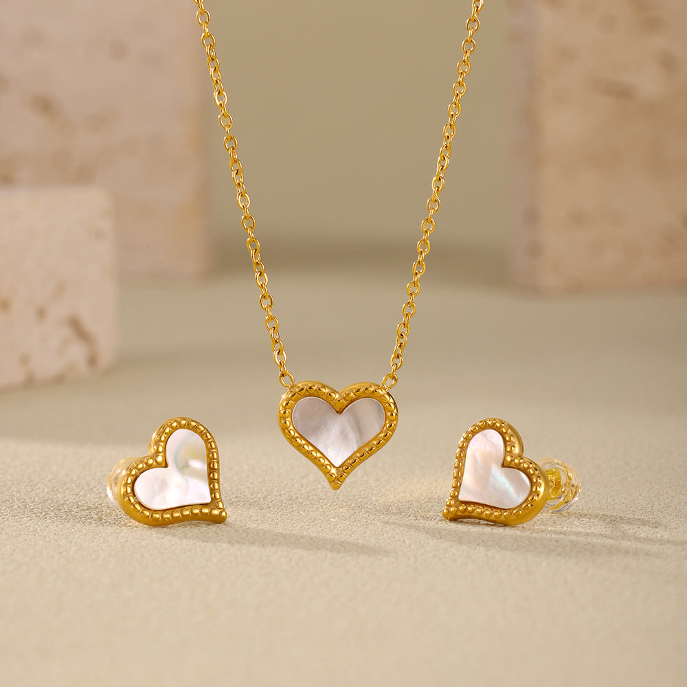 316L Stainless Steel 18K PVD Gold Mother Pearl Heart Necklace and Earrings Set made with 316L stainless steel and 18K PVD gold finish for wholesale jewelry buyers - image 11