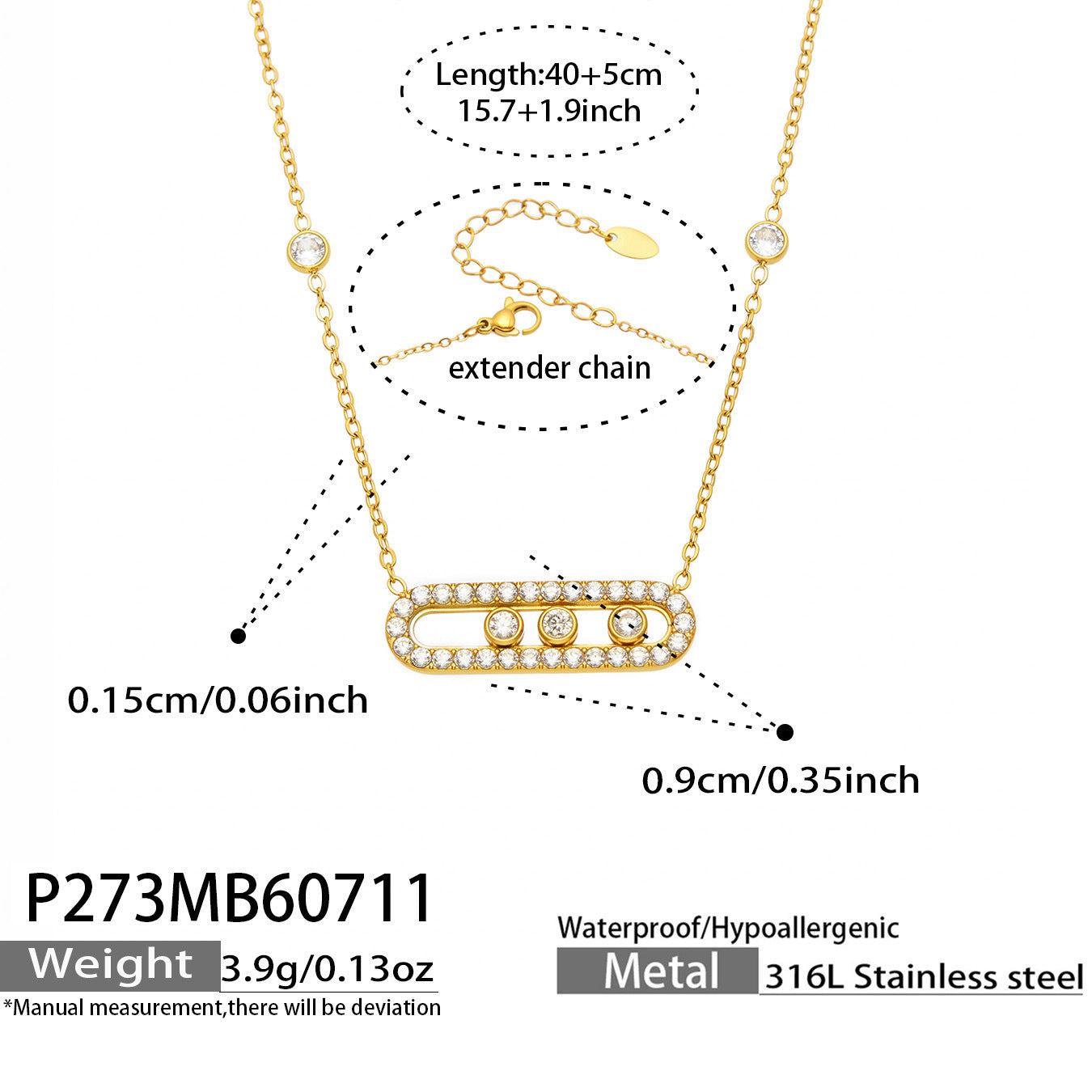 P273 gold movable zircon pendant necklace size guide with slider pendant and 40+5cm length