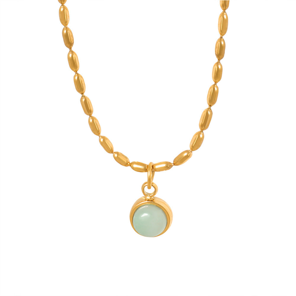 Natural stone round pendant necklace with stainless steel chain and 18K PVD gold finish