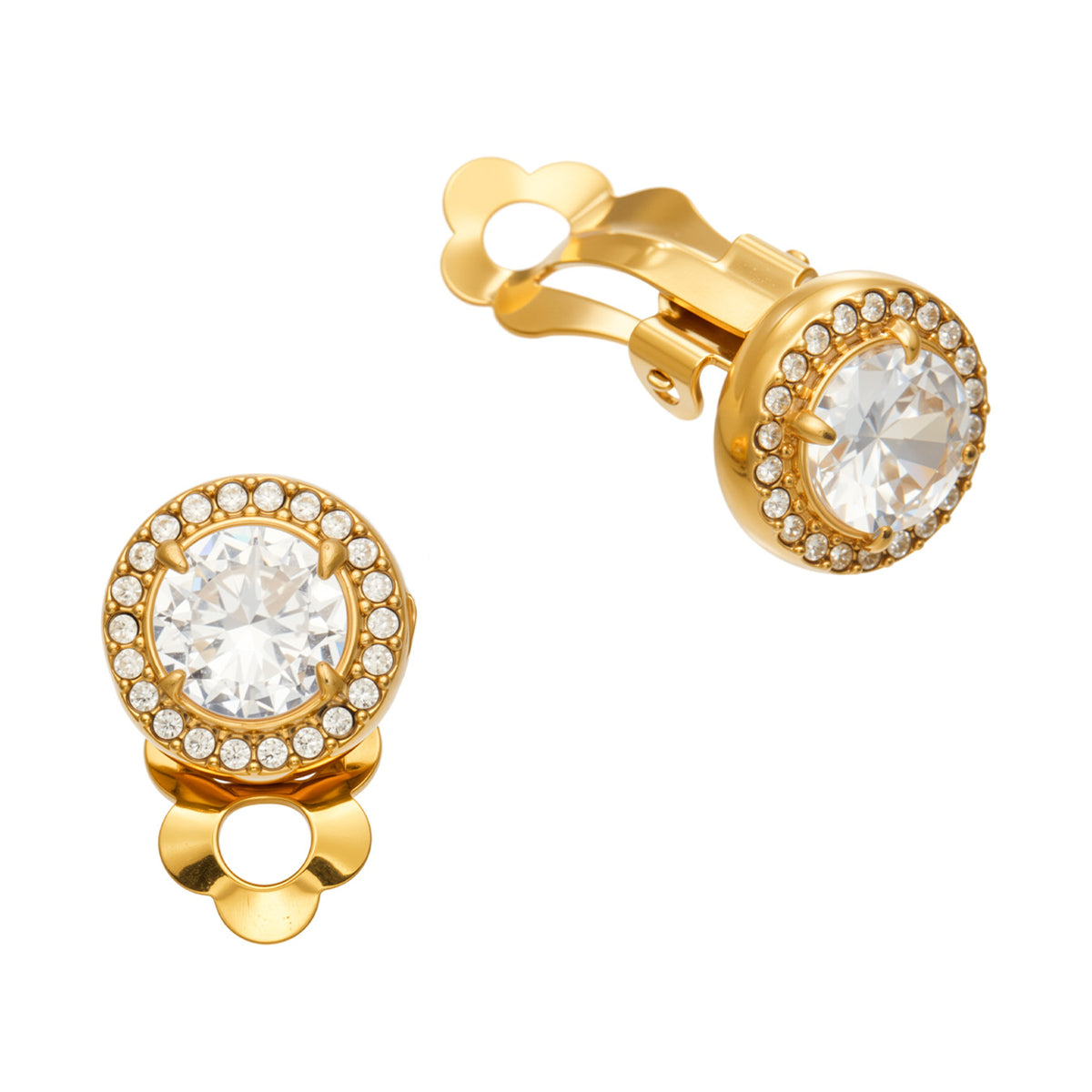 Front and back views of gold-tone stainless steel halo clip-on earrings with a large clear center stone, pavé border and non-pierced clip closure